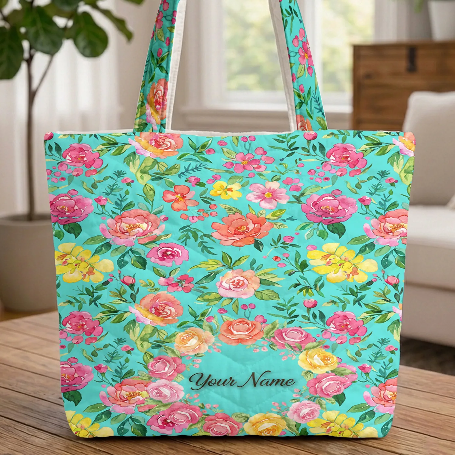 Name Wreath Full Bloom Peony Hydrangea Rose Floral Everyday Carry Gift for Her Quilted Tote Bag - 1