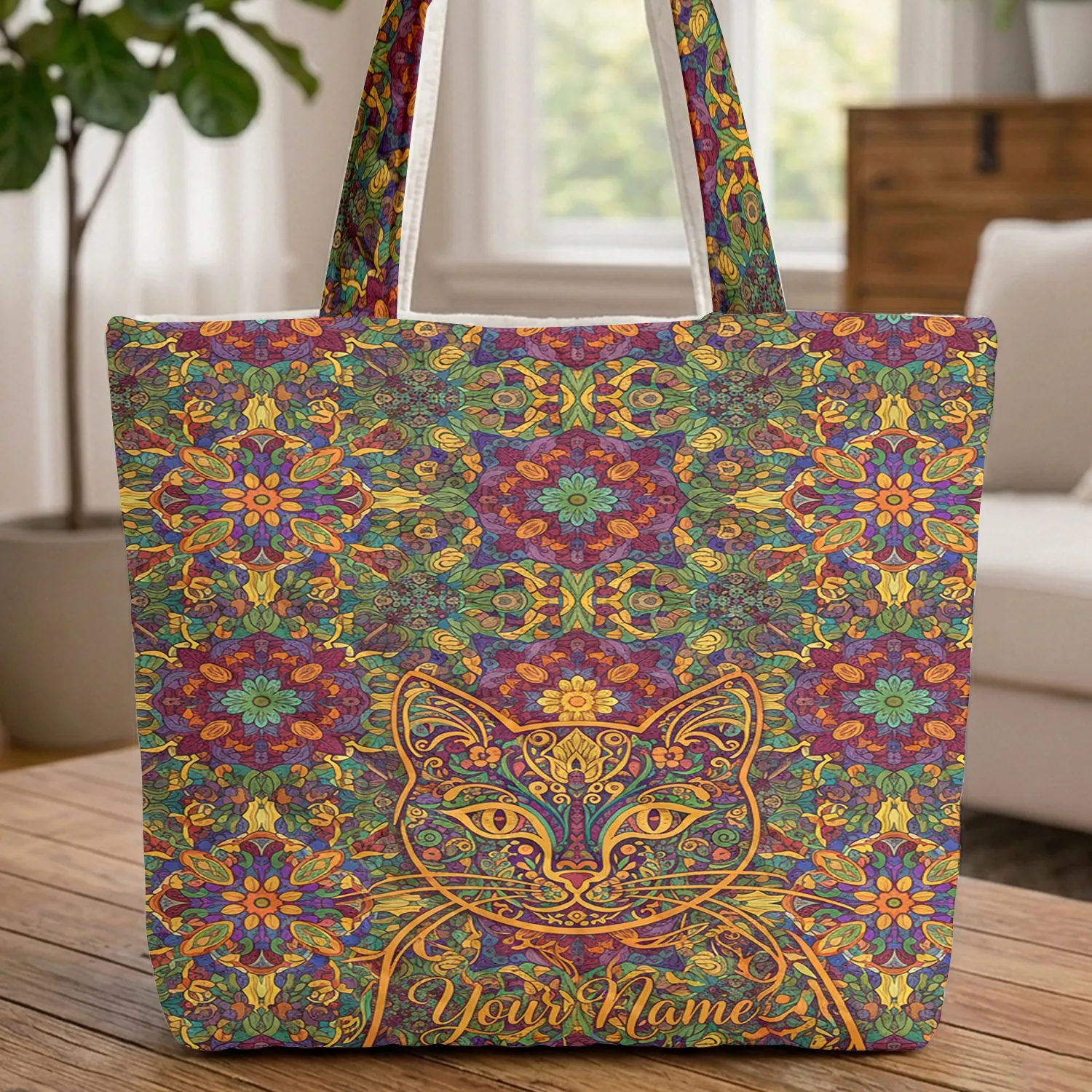 Oranges Yellows Greens Teals Purples Floral Cat Swirls Leaves Wreath Everyday Carry Gift Quilted Tote Bag - 1