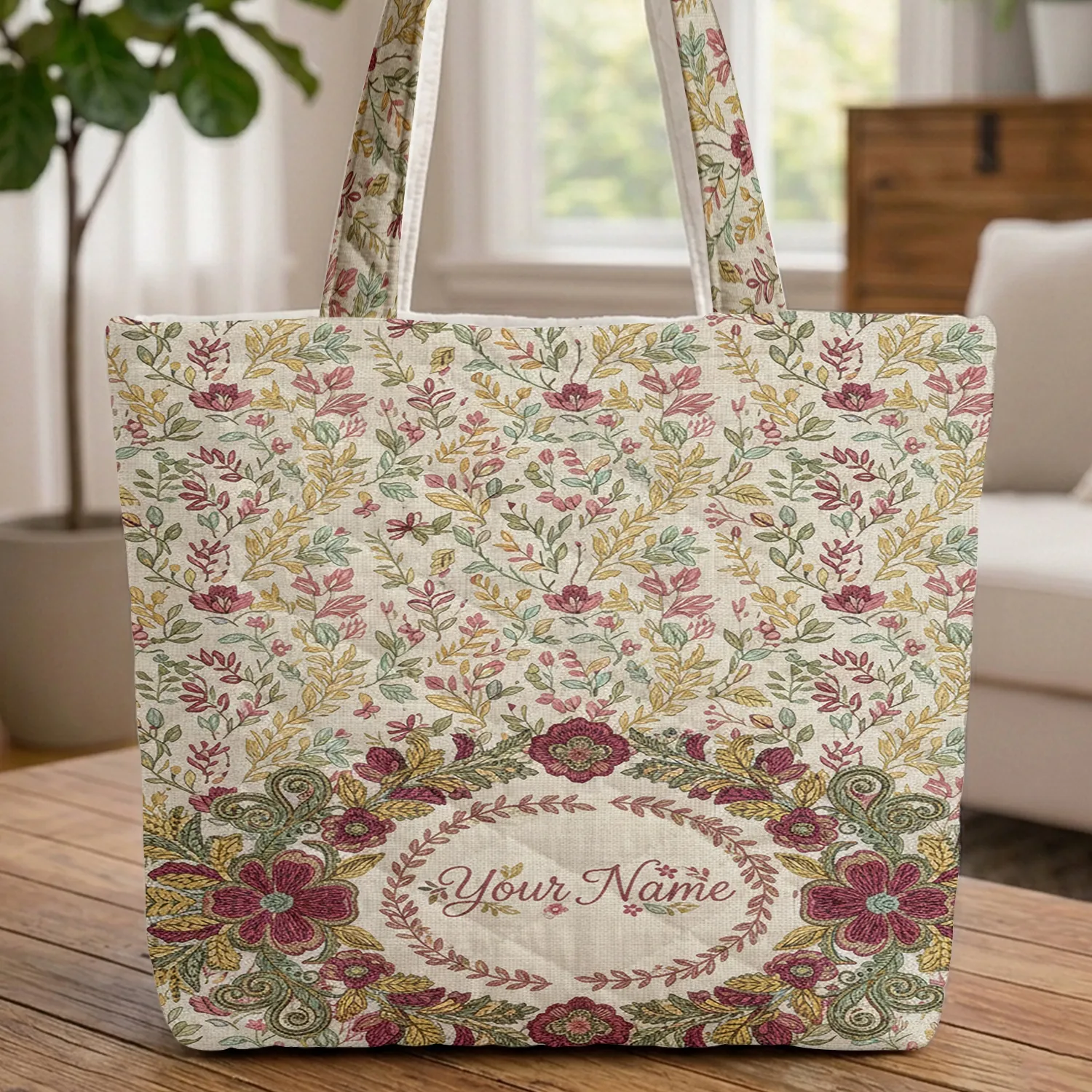 Ornate Floral Wreath Botanical Leaves Vines Berry Clusters Leaf Garland - Everyday Carry Gift Quilted Tote Bag - 1