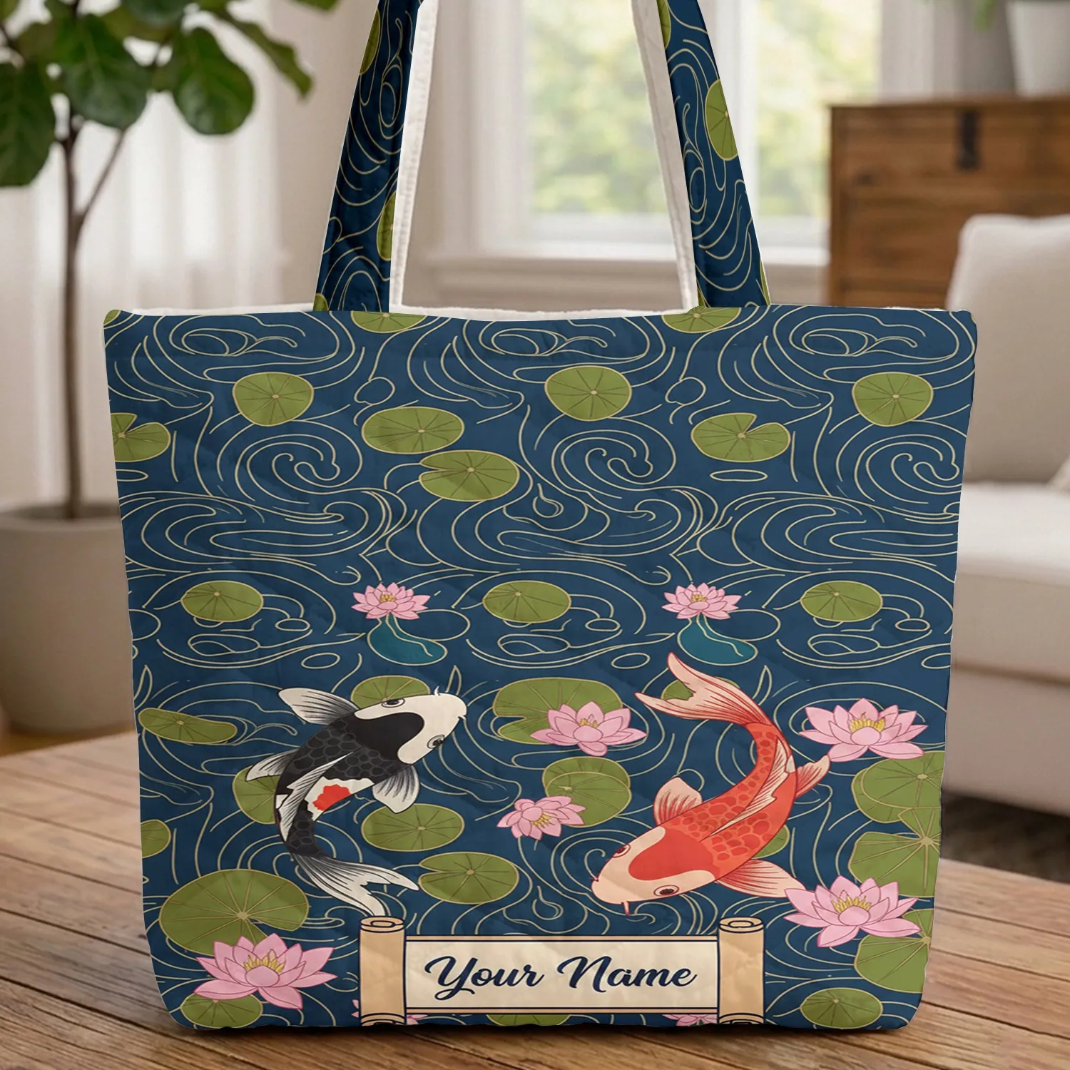 Personalized Koi Fish Water Lilies Name Scroll Water Ripples Everyday Carry Gift Quilted Tote Bag - 1