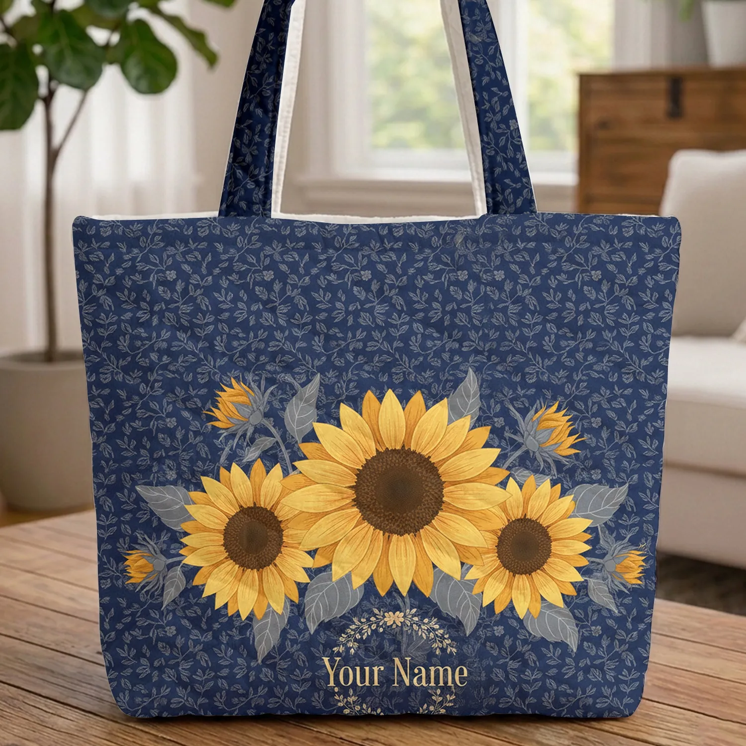 Personalized Name Vibrant Sunflowers Floral Wreath - Everyday Carry Gift for Her Quilted Tote Bag - 1