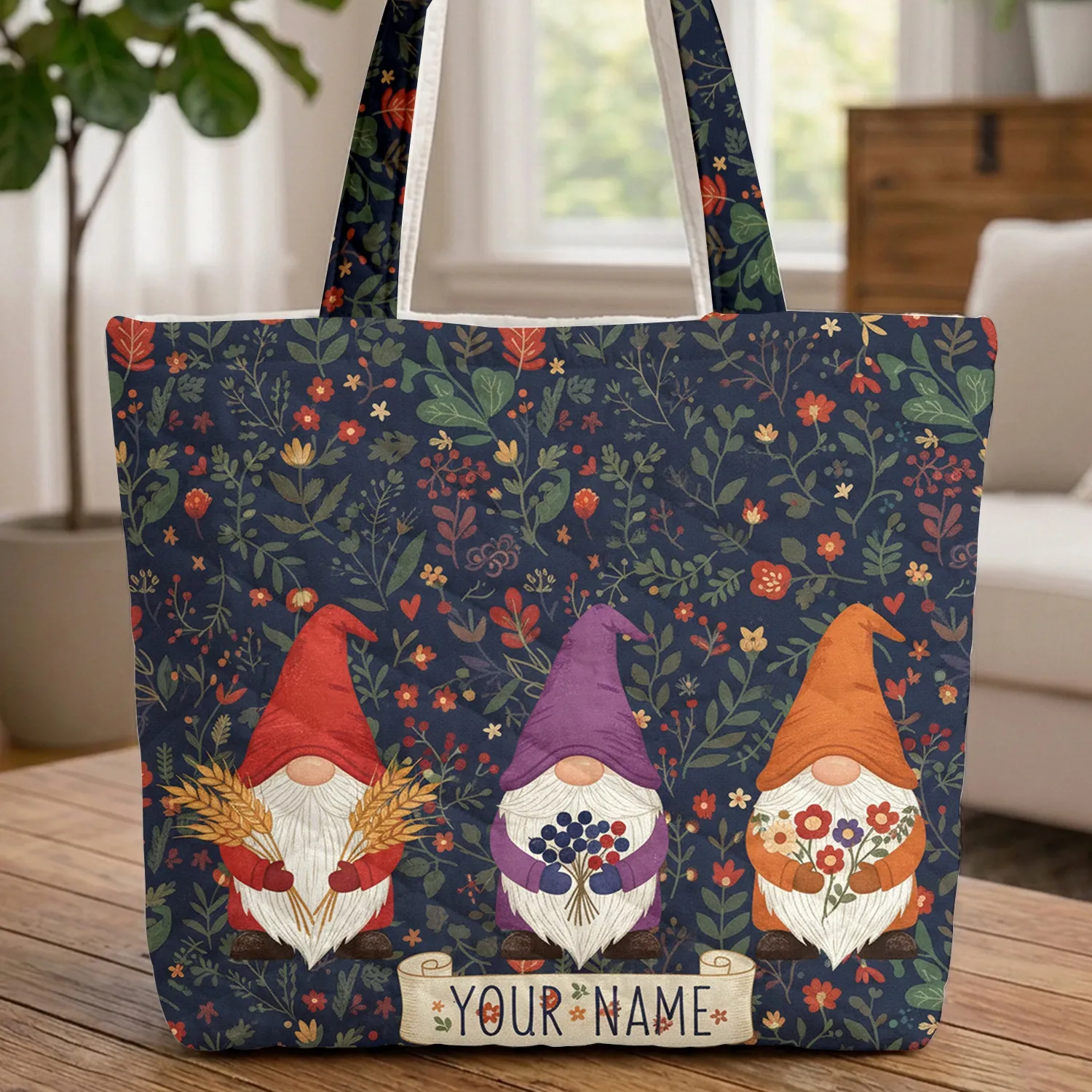 Garden Gnomes Colorful Hats Wheat Berries Flowers - Market Day Gift for Gardeners Quilted Tote Bag - 1