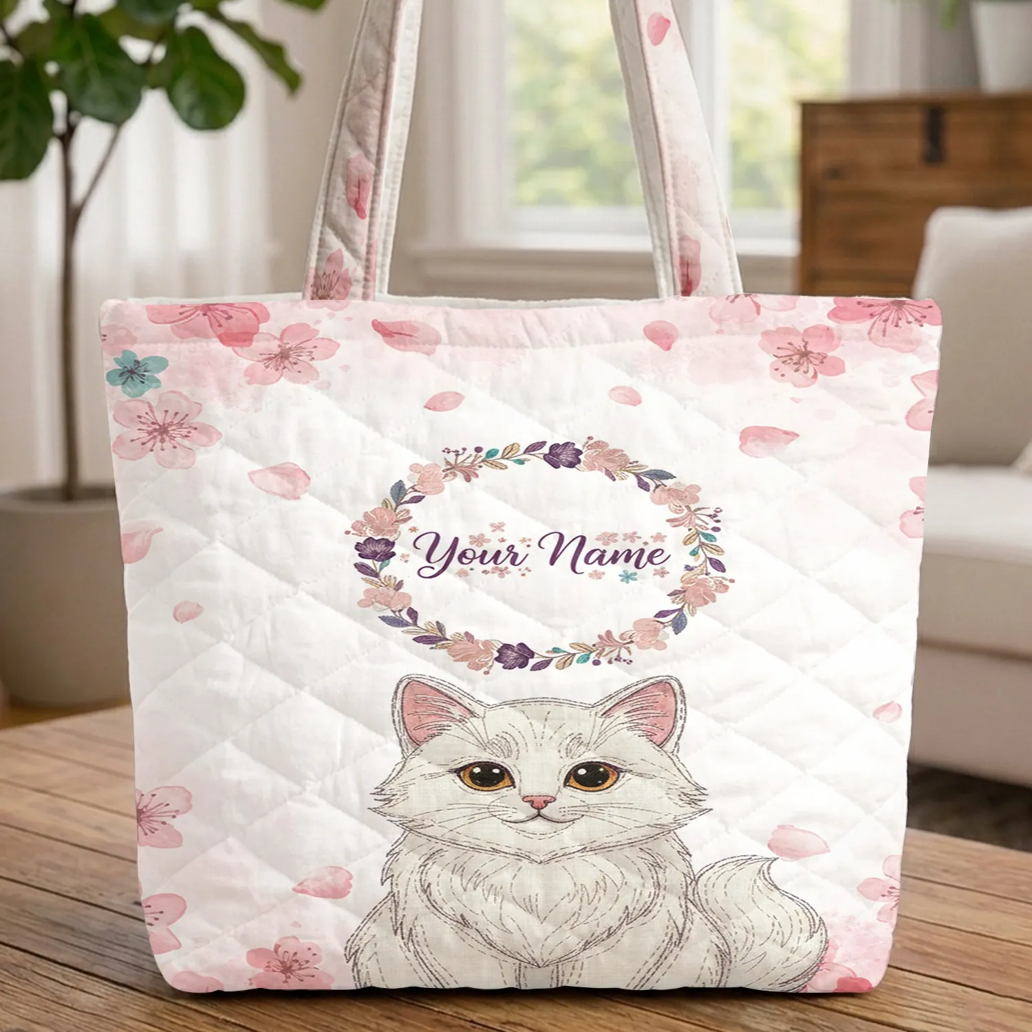 White Cat Amber Eyes Cherry Blossom Floral Wreath - Everyday Carry Gift for Cat Lovers Quilted Tote Bag - 1