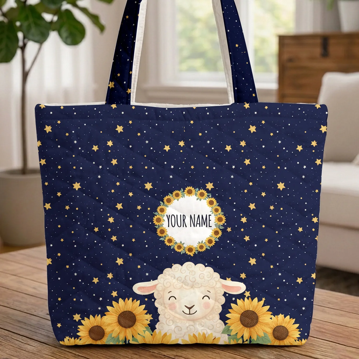 Lamb Sunflowers Starry Sky Name Wreath - Everyday Carry Gift for Kids Quilted Tote Bag - 1