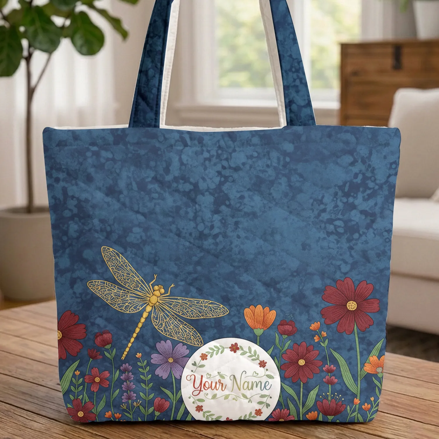 Ornate Golden Dragonfly Wildflowers Floral Wreath - Wildlife Lover Everyday Carry Gift Quilted Tote Bag - 1