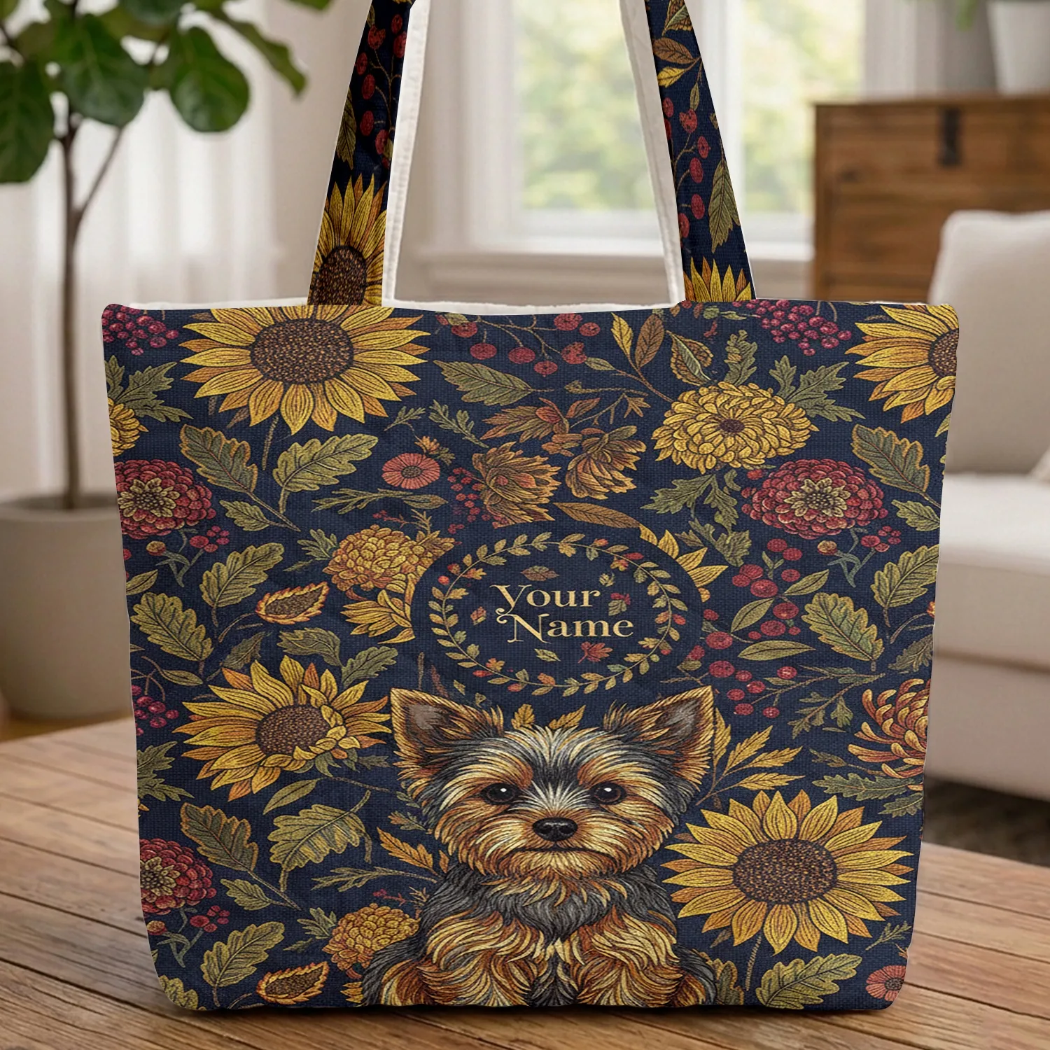 Yorkshire Terrier Sunflower Chrysanthemum Autumn Berries - Everyday Carry Gift for Dog Lovers Quilted Tote Bag - 1