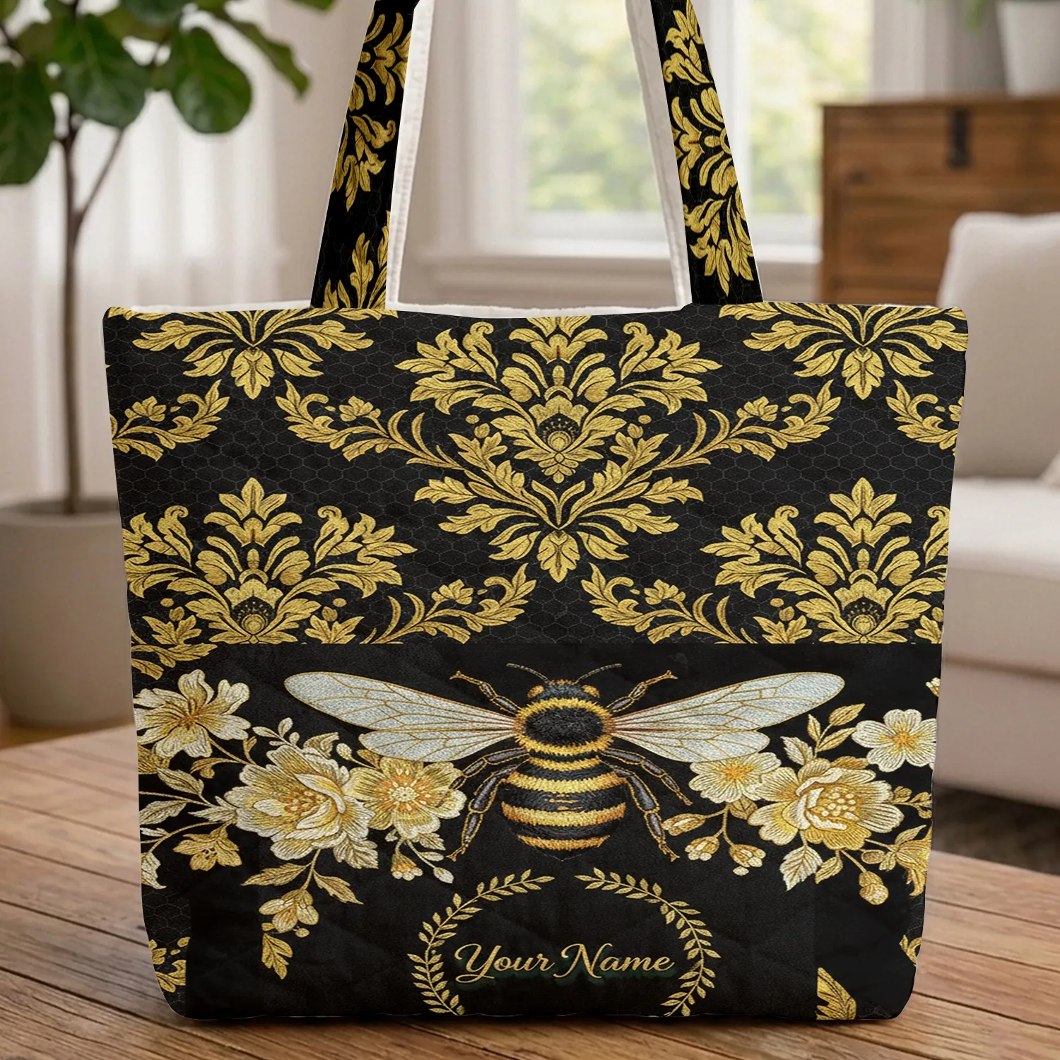 Golden Honeybee Honeycomb Floral Damask Everyday Carry Gift Quilted Tote Bag - 1