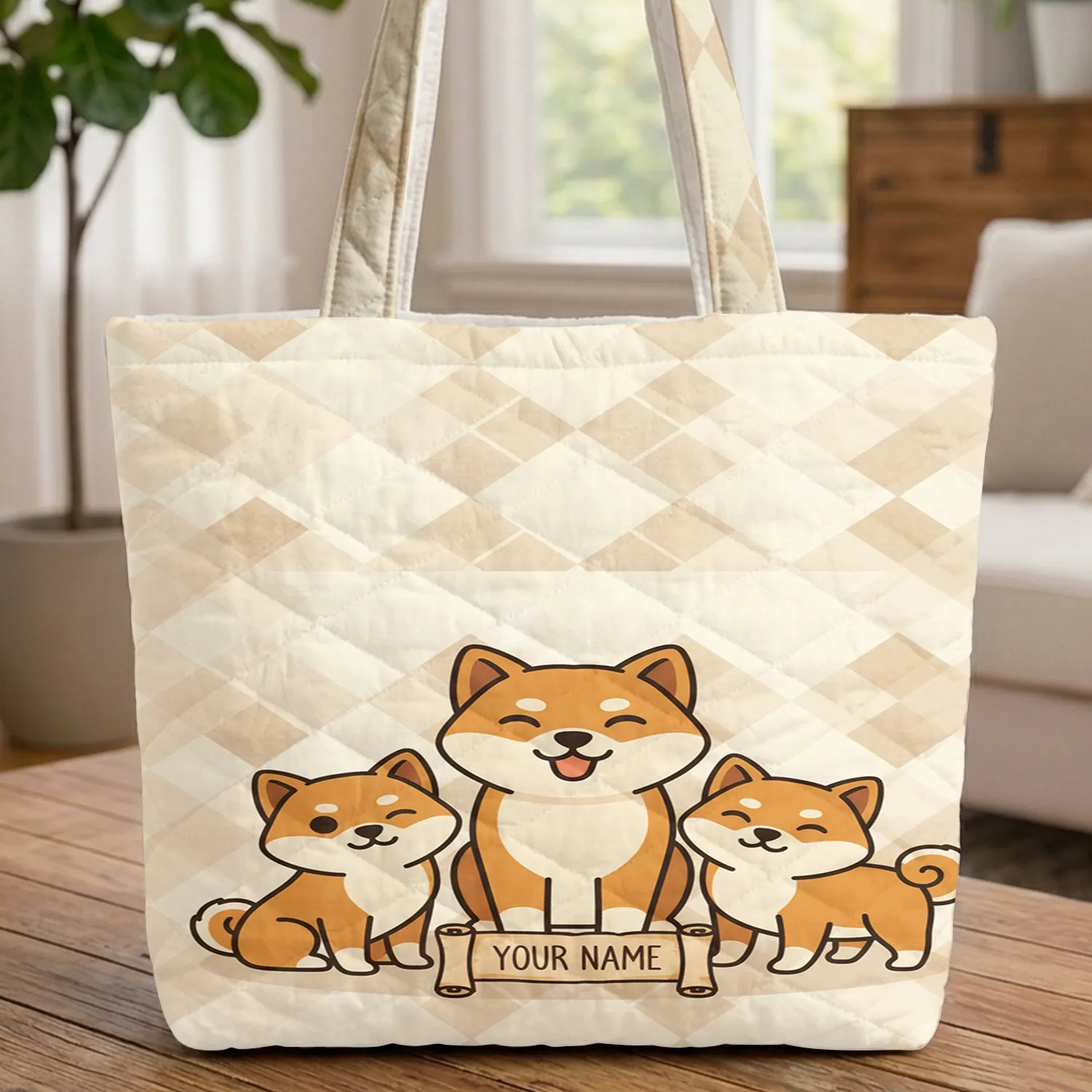 Three Shiba Inus Name Scroll Shiba Inu Lover Everyday Carry Gift Quilted Tote Bag - 1