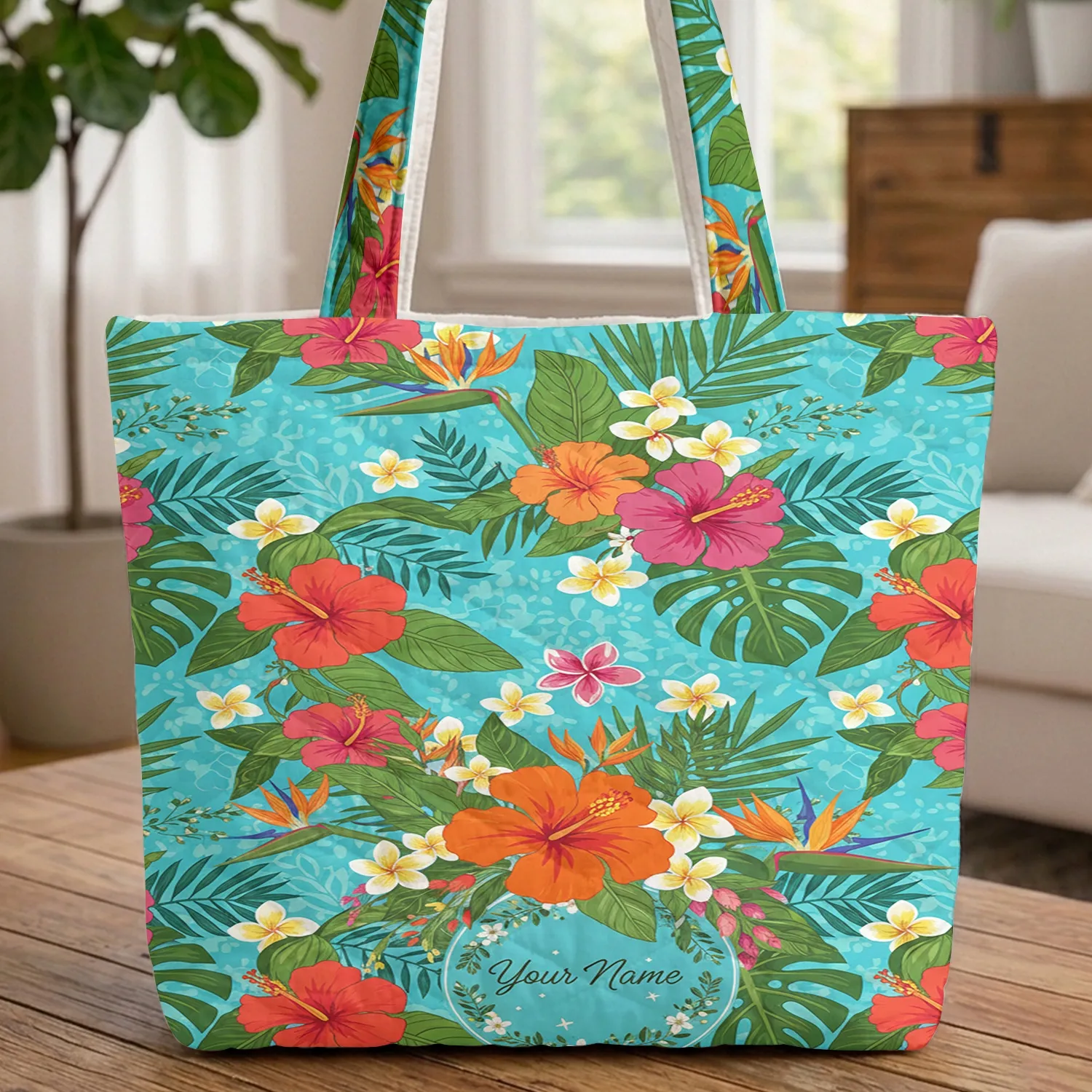 Hibiscus Plumeria Tropical Bouquet Personalized Name Travel Essentials Gift Quilted Tote Bag - 1
