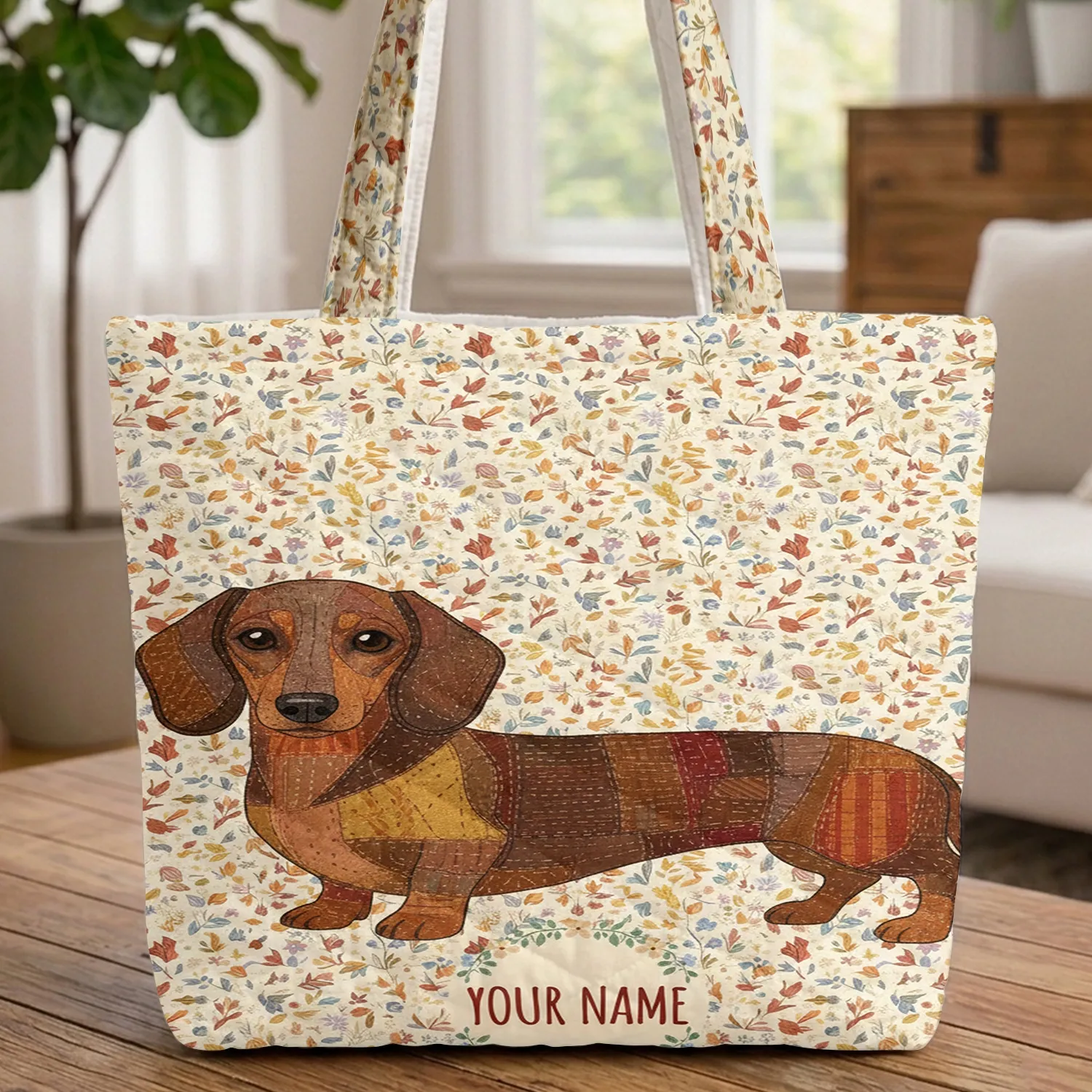 Dachshund Dog Autumn Leaves Floral Wreath - Fall Season Everyday Carry Gift for Dog Lovers Quilted Tote Bag - 1
