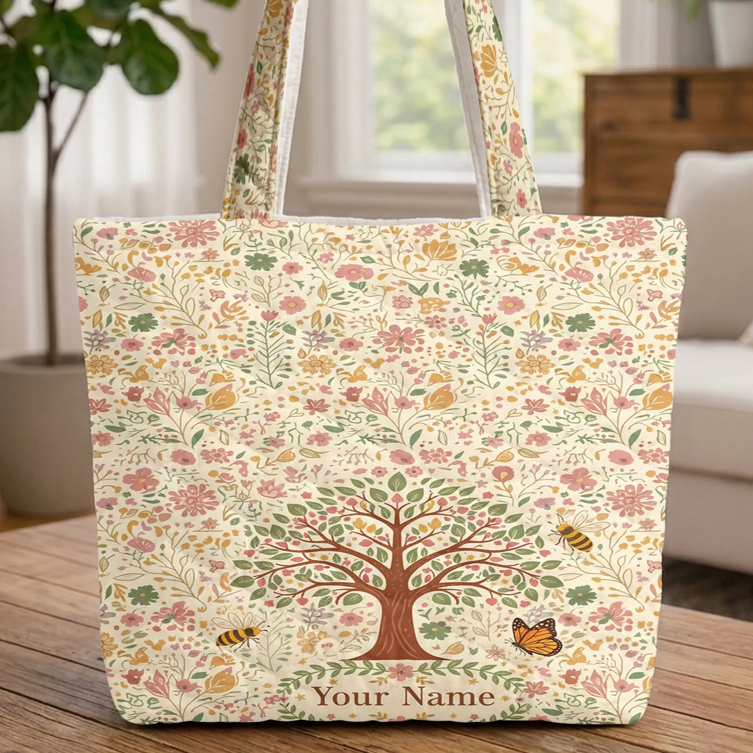 Tree of Life Honey Bee Butterfly Wildflower - Everyday Carry Gift Quilted Tote Bag - 1