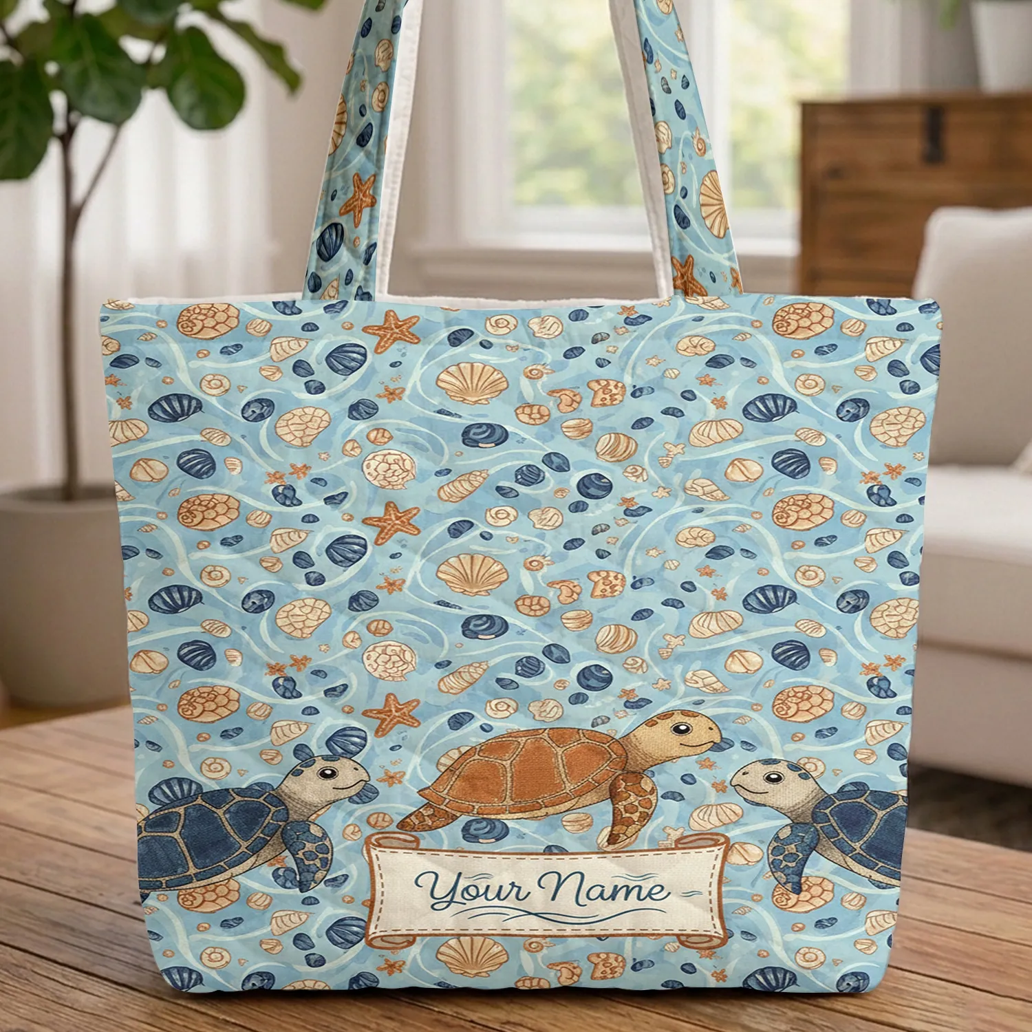 Personalized Sea Turtles Seashells Starfish - Ocean Lover Everyday Carry Gift Quilted Tote Bag - 1
