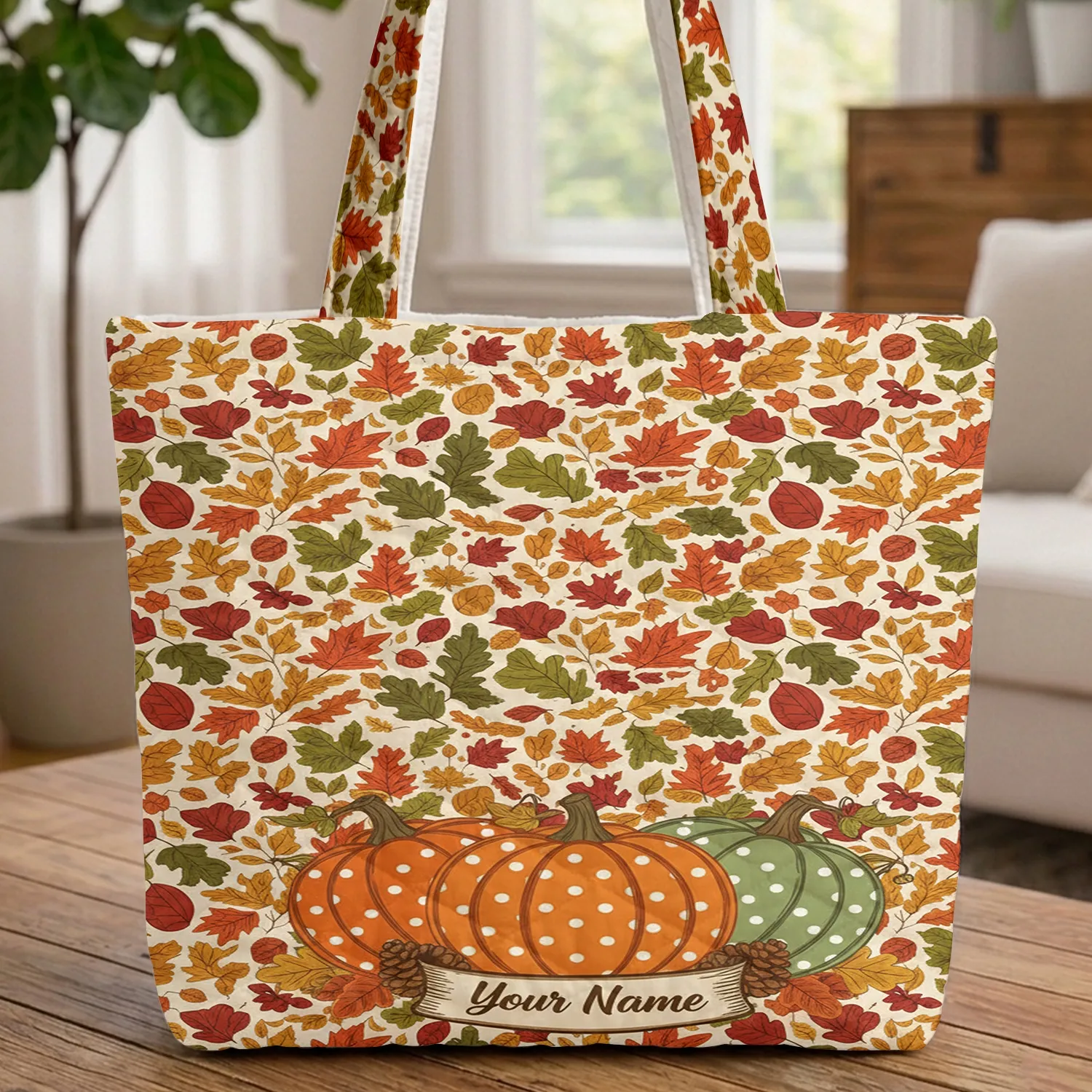 Autumn Pumpkins Fall Leaves Pinecones Everyday Carry Gift Quilted Tote Bag - 1