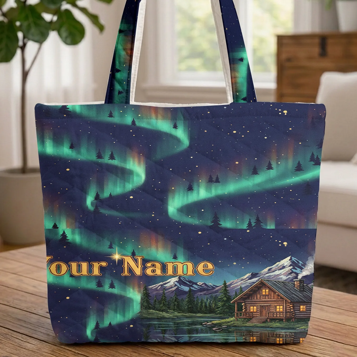 Log Cabin Lake Starlit Night Aurora Borealis Sky - Everyday Carry Gift Quilted Tote Bag - 1