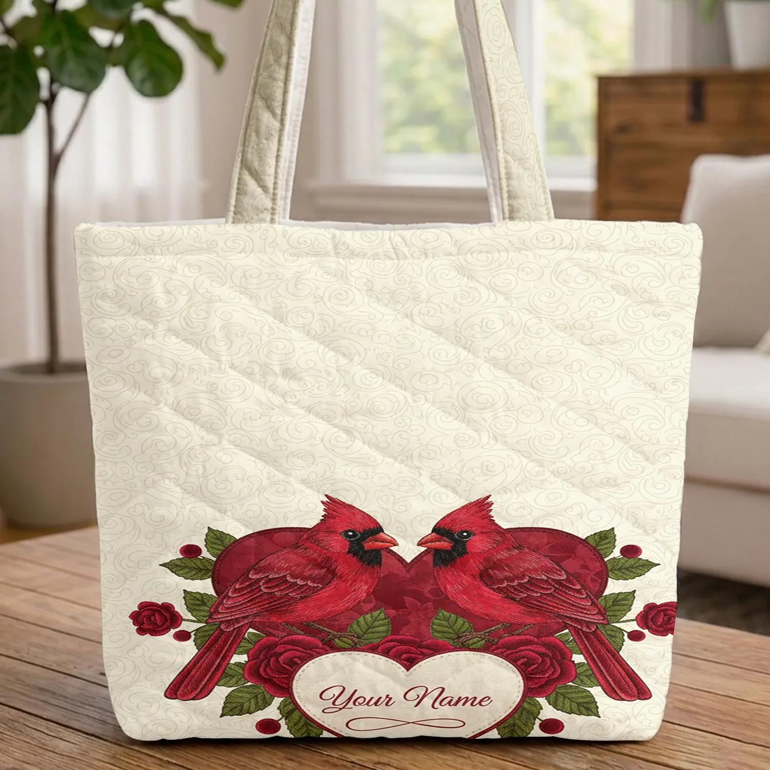 Cardinals Heart Roses Botanical - Love Birds Everyday Carry Gift Quilted Tote Bag - 1