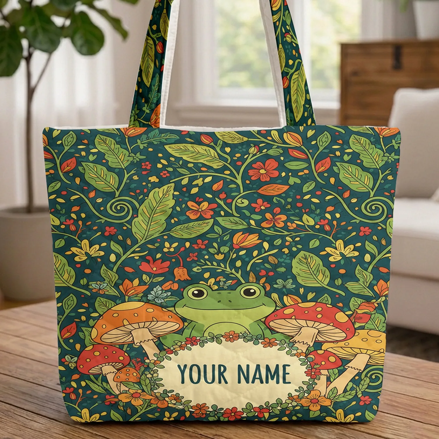 Green Frog Toadstool Wildflower Botanical Vine Wreath Everyday Carry Gift Quilted Tote Bag - 1