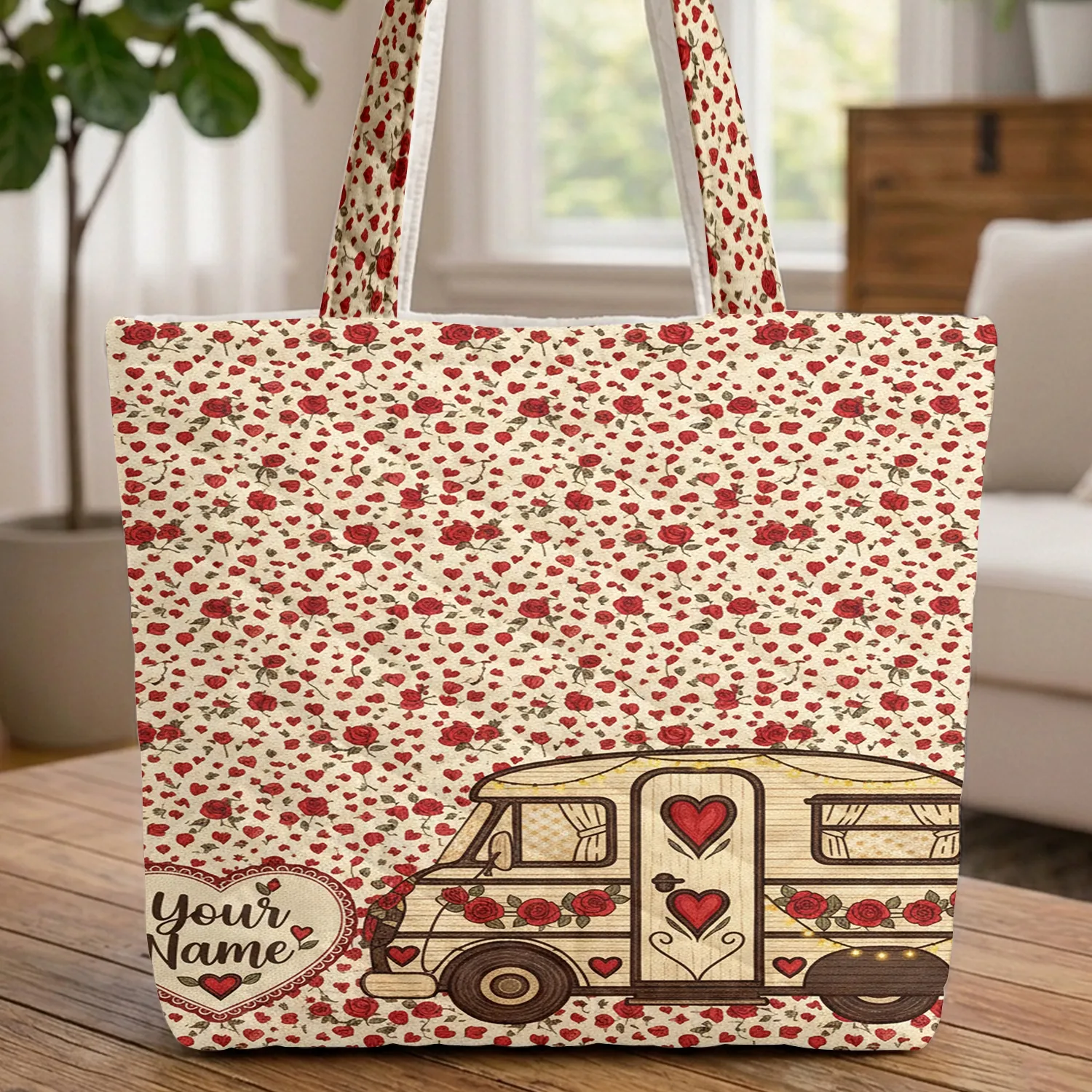 Vintage Camper Van Name Heart Cartouche Hearts Roses - Travel Essentials Gift for Her Quilted Tote Bag - 1