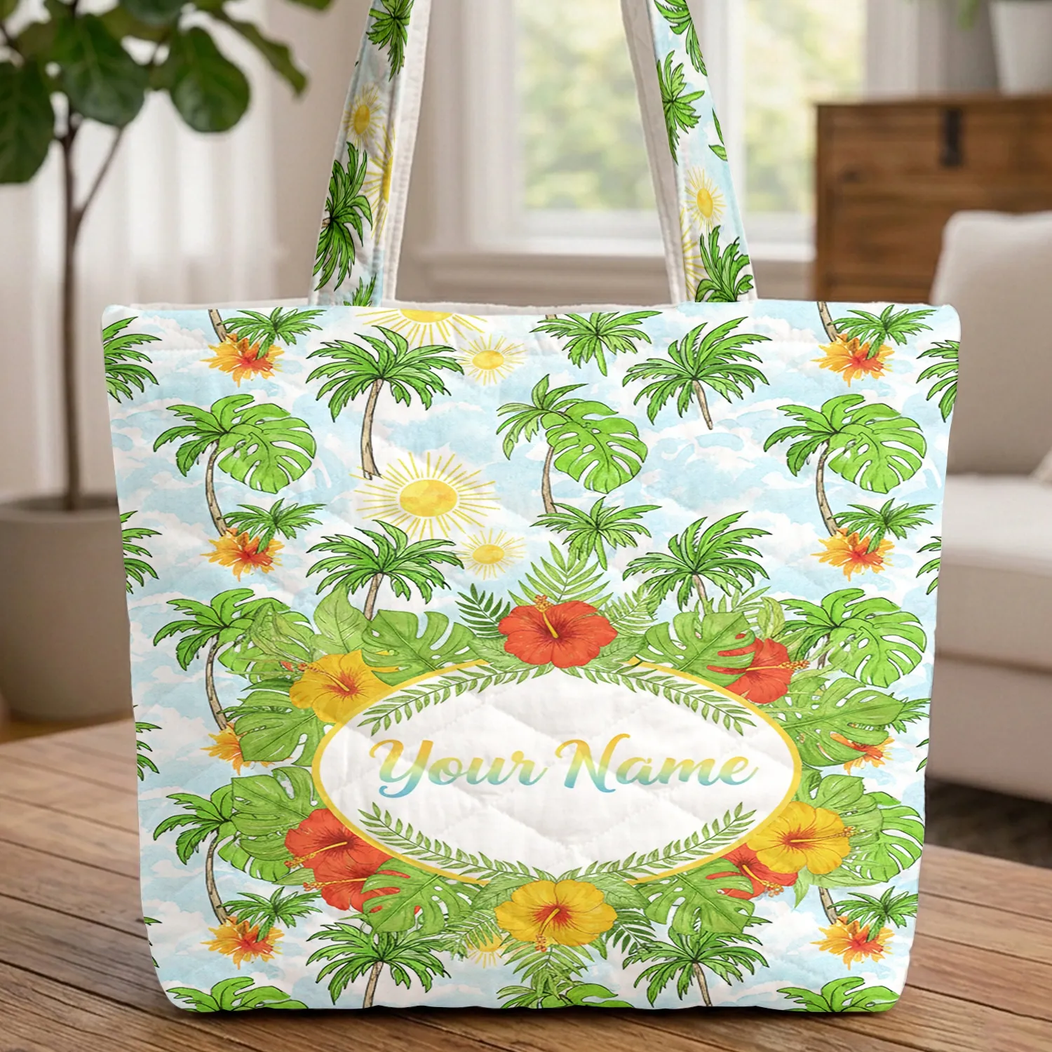Tropical Hibiscus Palm Monstera Sun Medallion - Everyday Carry & Travel Gift Quilted Tote Bag - 1