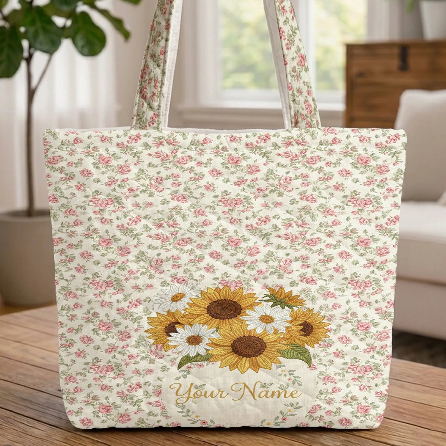 Sunflowers Daisies Bouquet Vintage Roses Floral Wreath - Everyday Carry Gift Quilted Tote Bag - 1