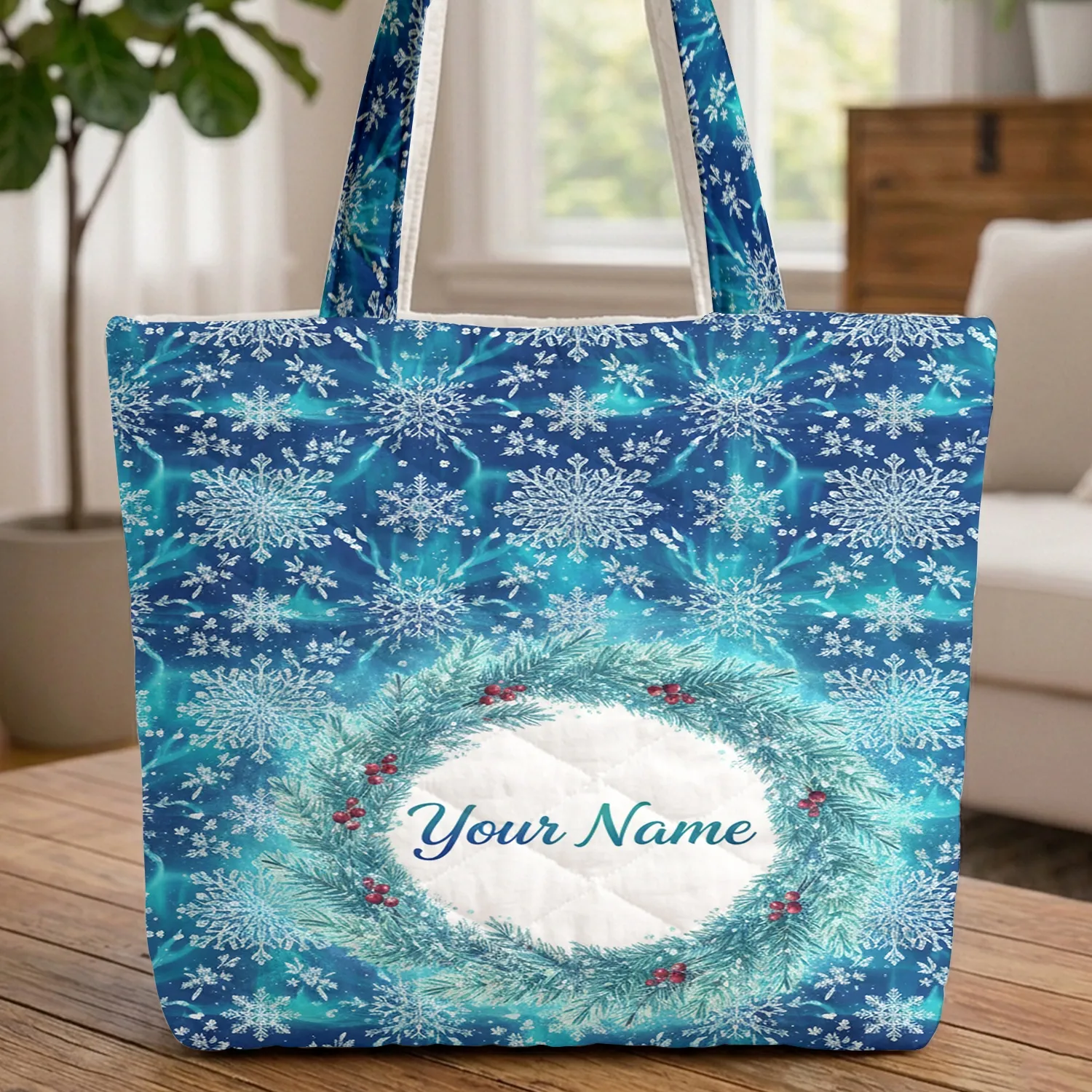 Frosted Winter Wreath Snowflakes Pine Branches - Winter Carry Gift Quilted Tote Bag - 1
