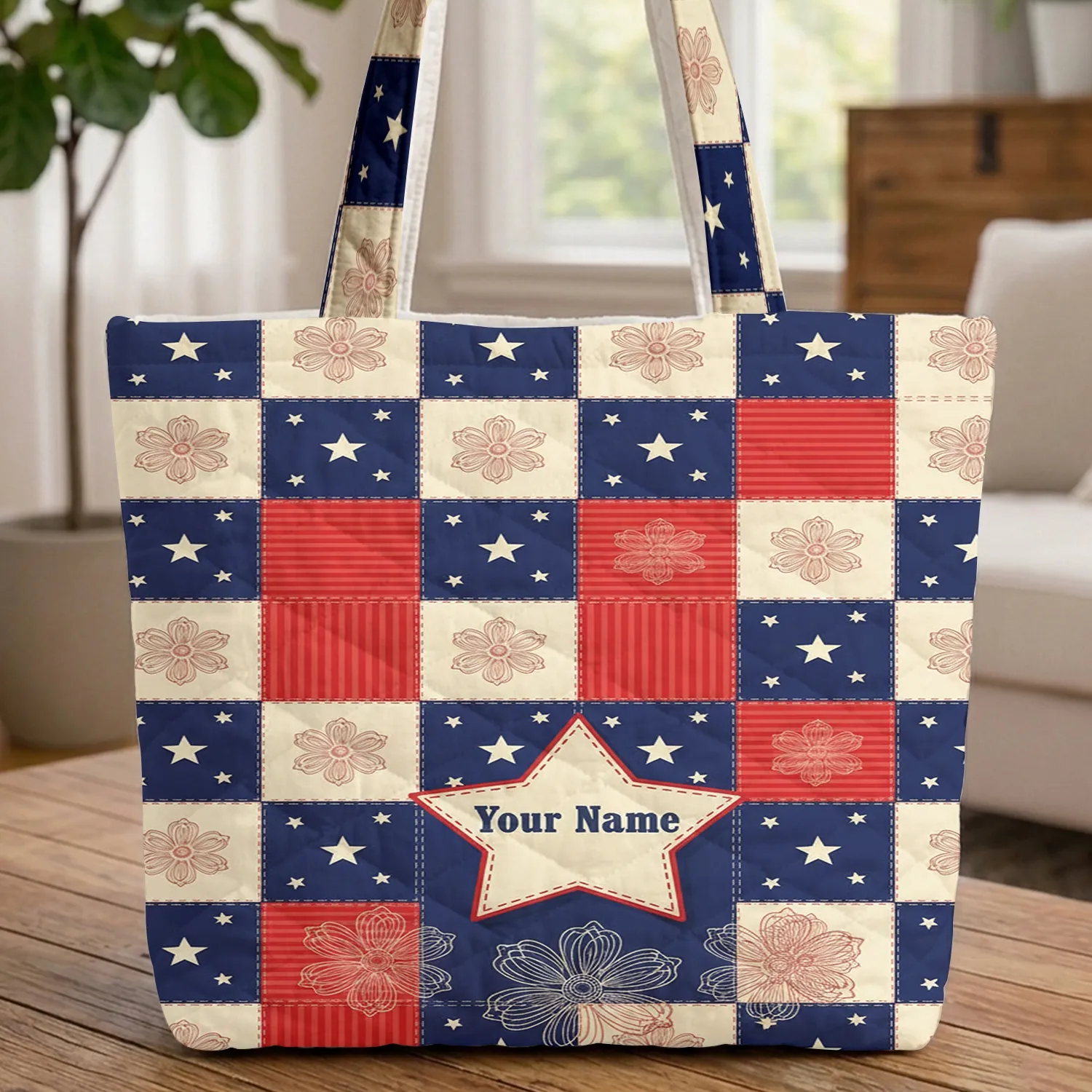 Patriotic Quilt Stars Stripes Floral Personalized Everyday Carry Gift Quilted Tote Bag - 1