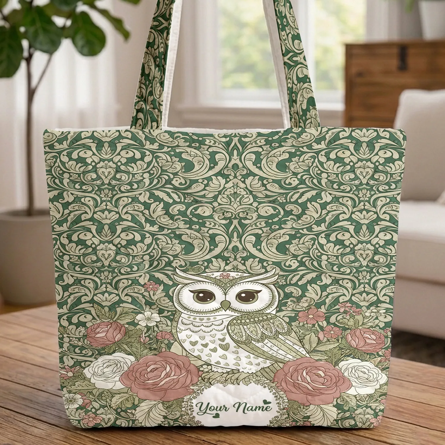 Owl Roses Wildflowers Botanical Scrollwork Everyday Carry Gift for Owl Lover Quilted Tote Bag - 1