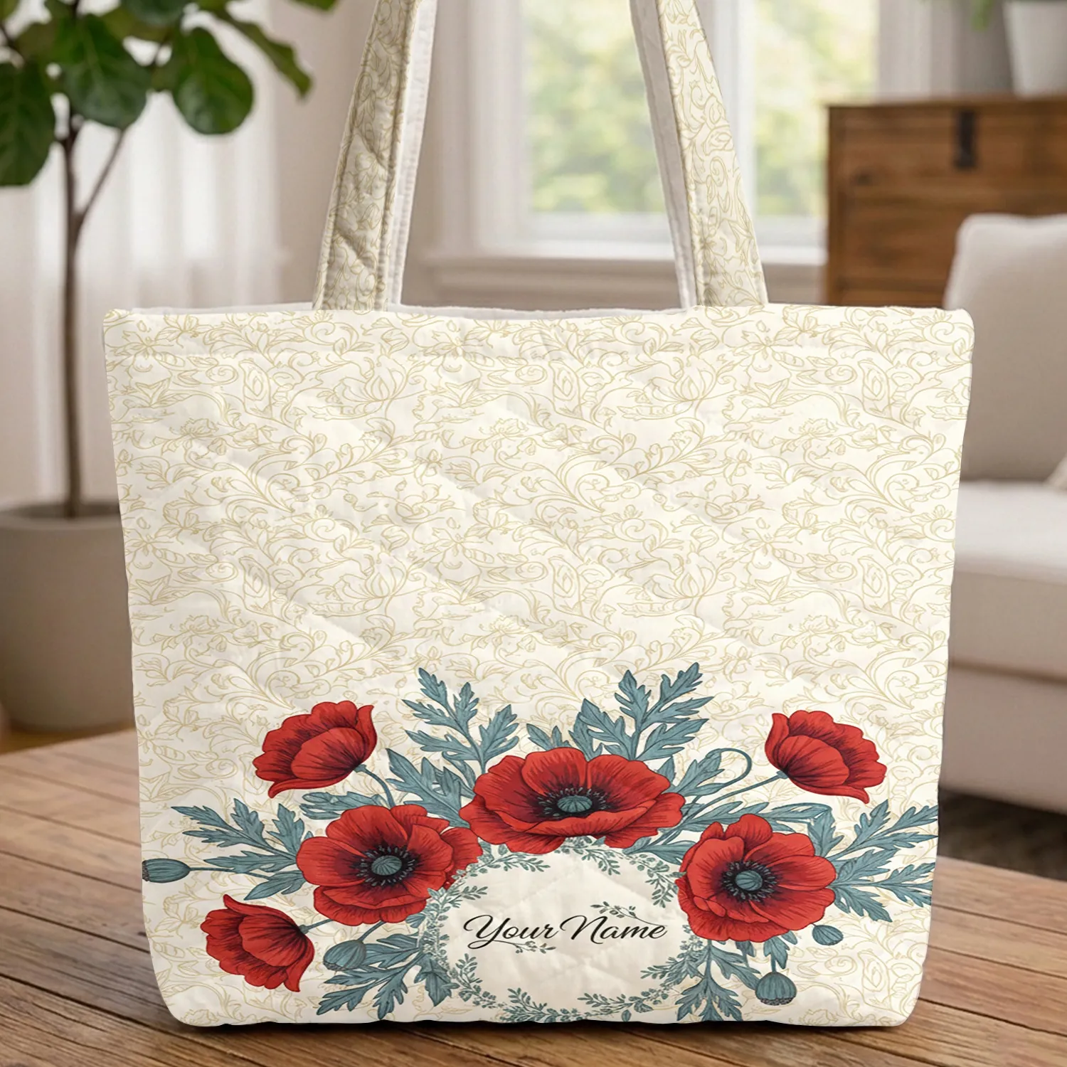 Red Poppies Floral Wreath Personalized Name - Everyday Carry Gift Quilted Tote Bag - 1