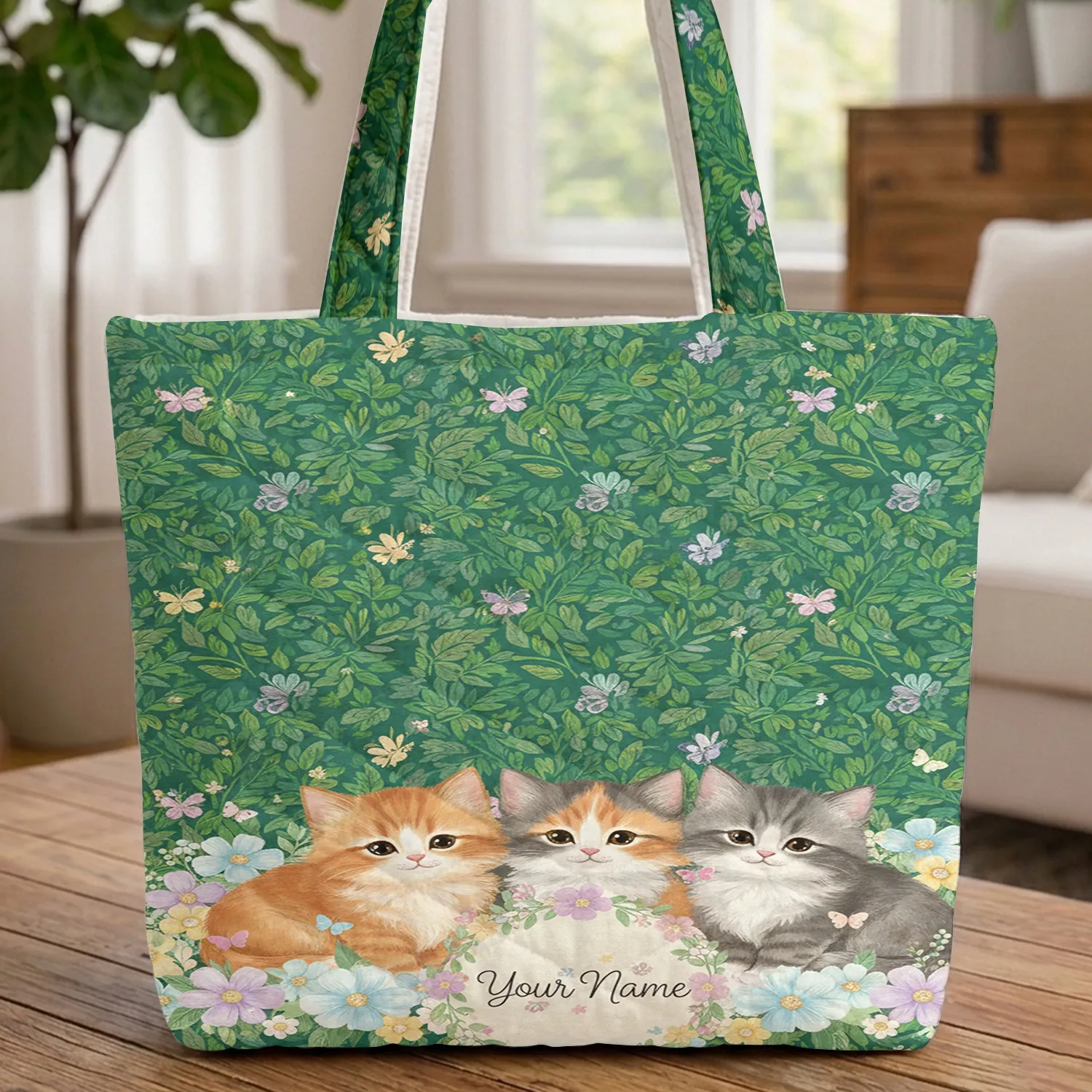 Kittens Butterflies Floral Wreath Name - Everyday Carry Cat Lover Gift Quilted Tote Bag - 1