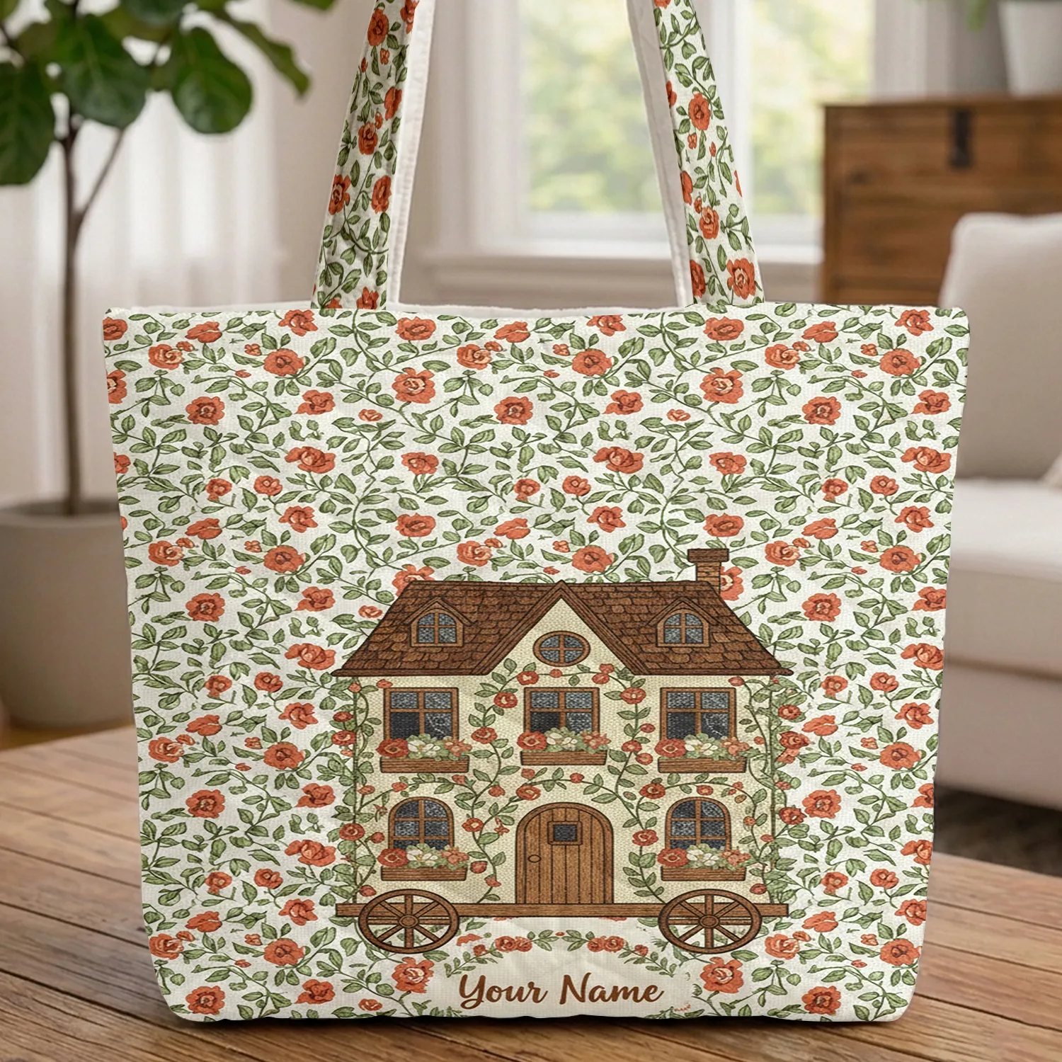 Cottage House on Wheels Rose Vines Your Name Floral Wreath - Everyday Carry Gift Quilted Tote Bag - 1