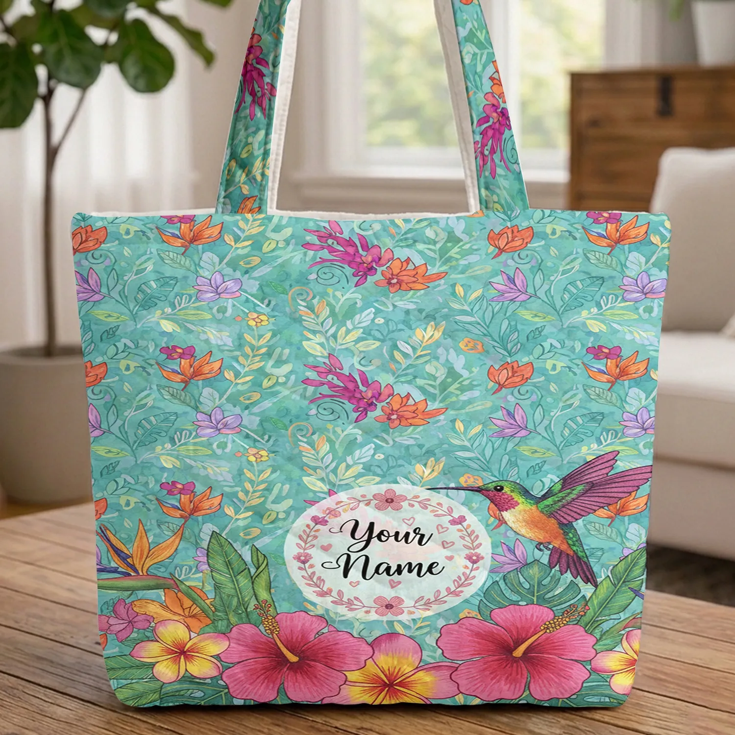 Vibrant Hummingbird Tropical Flowers Floral Wreath Delicate Leaves Personalized Everyday Carry Gift Quilted Tote Bag - 1