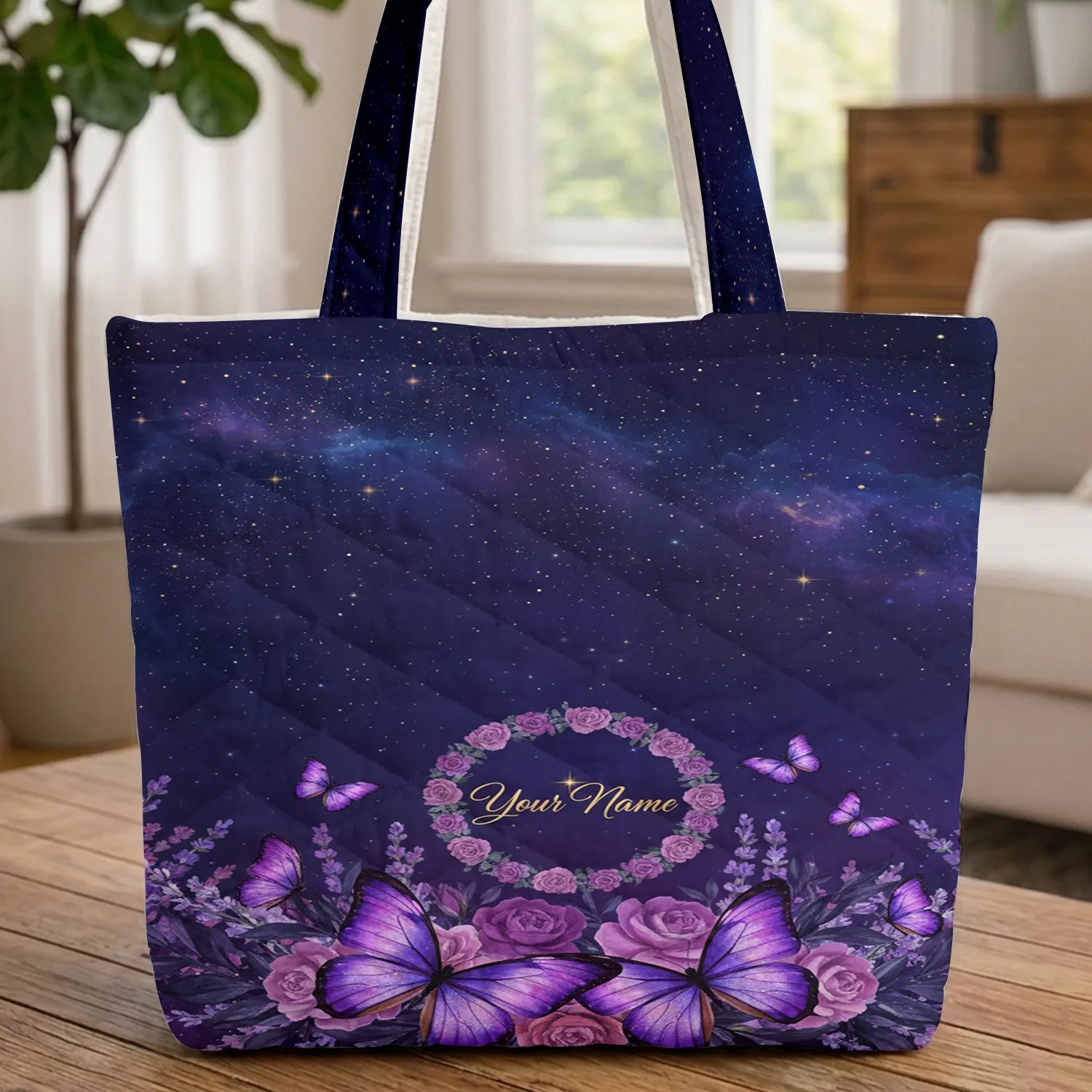 Iridescent Purple Butterflies Roses Night Sky - Everyday Carry Gift for Butterfly Lover Quilted Tote Bag - 1