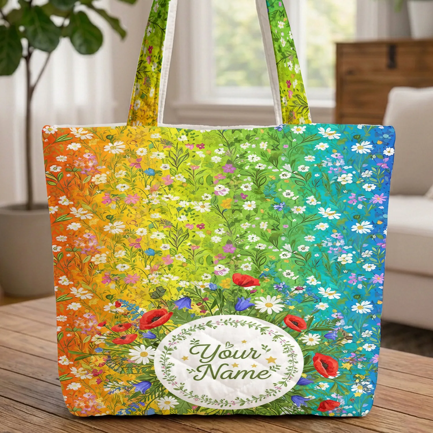 Personalized Name Wildflower Bouquet - Ornate Rainbow Floral Everyday Carry Gift Quilted Tote Bag - 1