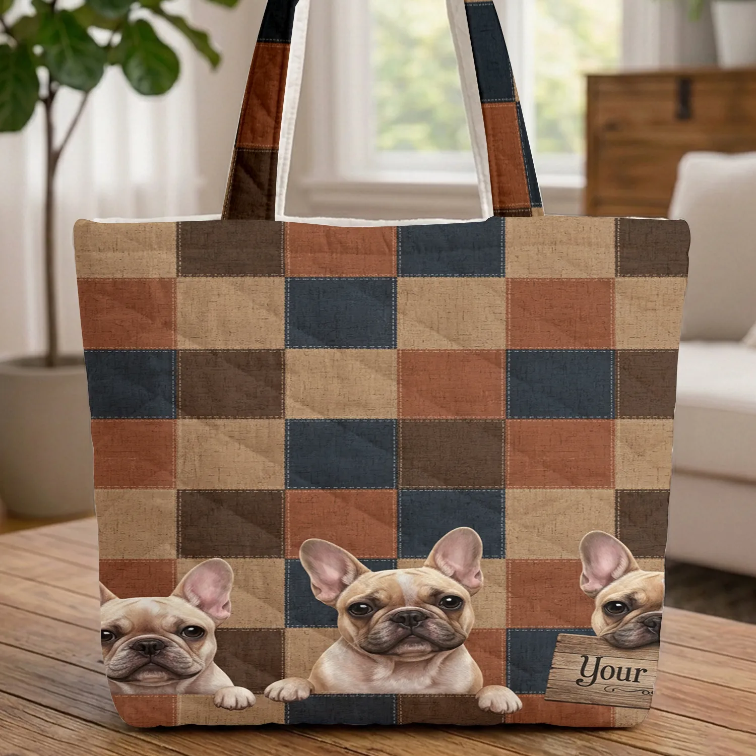 Three French Bulldogs Wooden Name Sign Everyday Carry Gift French Bulldog Lover Quilted Tote Bag - 1