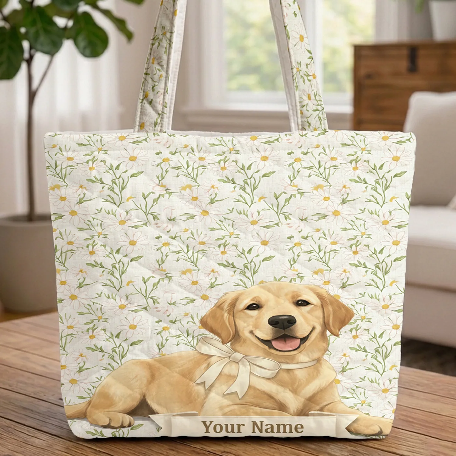 Golden Retriever Puppy Daisy Floral Ribbon - Everyday Carry Gift for Golden Retriever Owner Quilted Tote Bag - 1