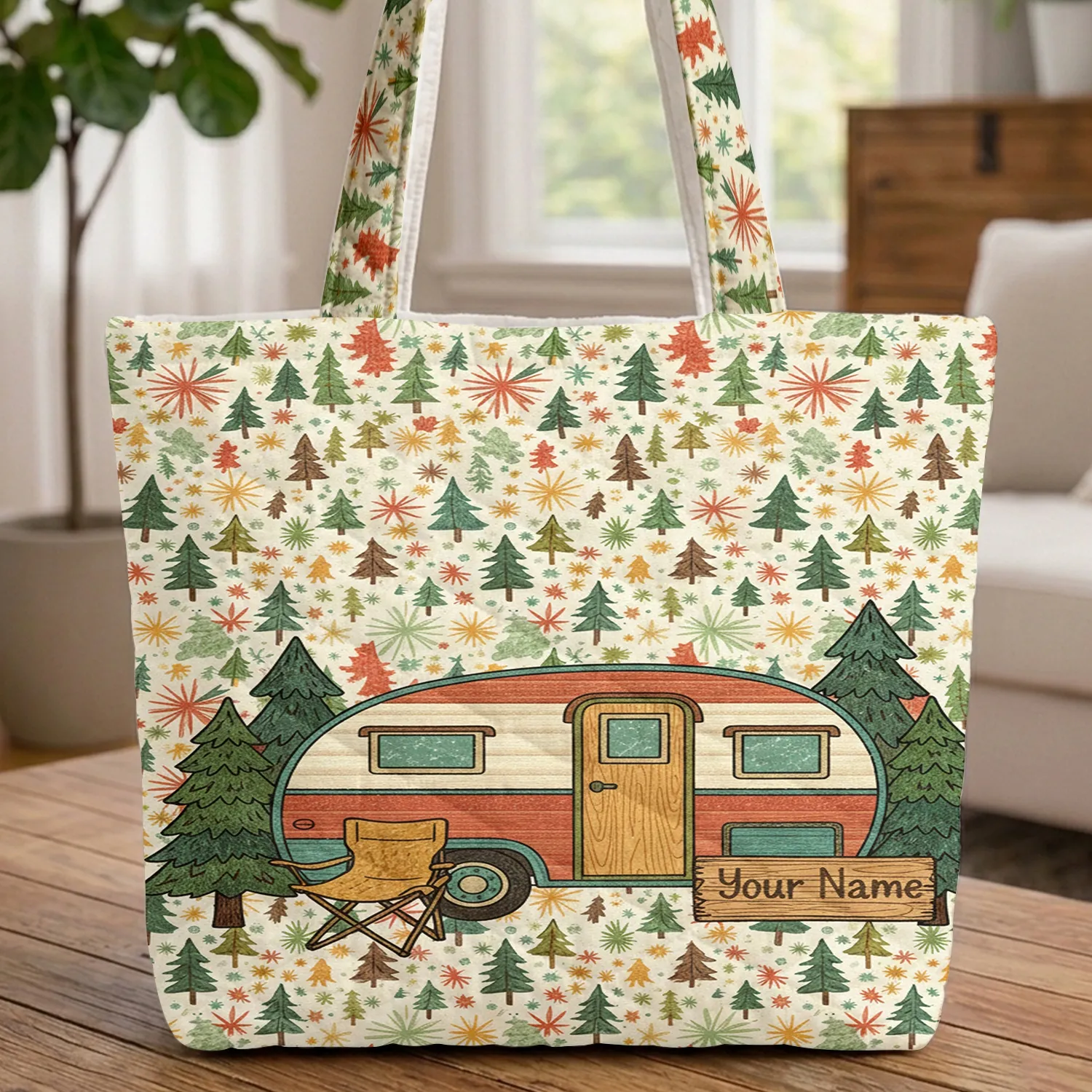 Personalized Vintage Camper Pine Trees Travel Essentials for Camper Quilted Tote Bag - 1