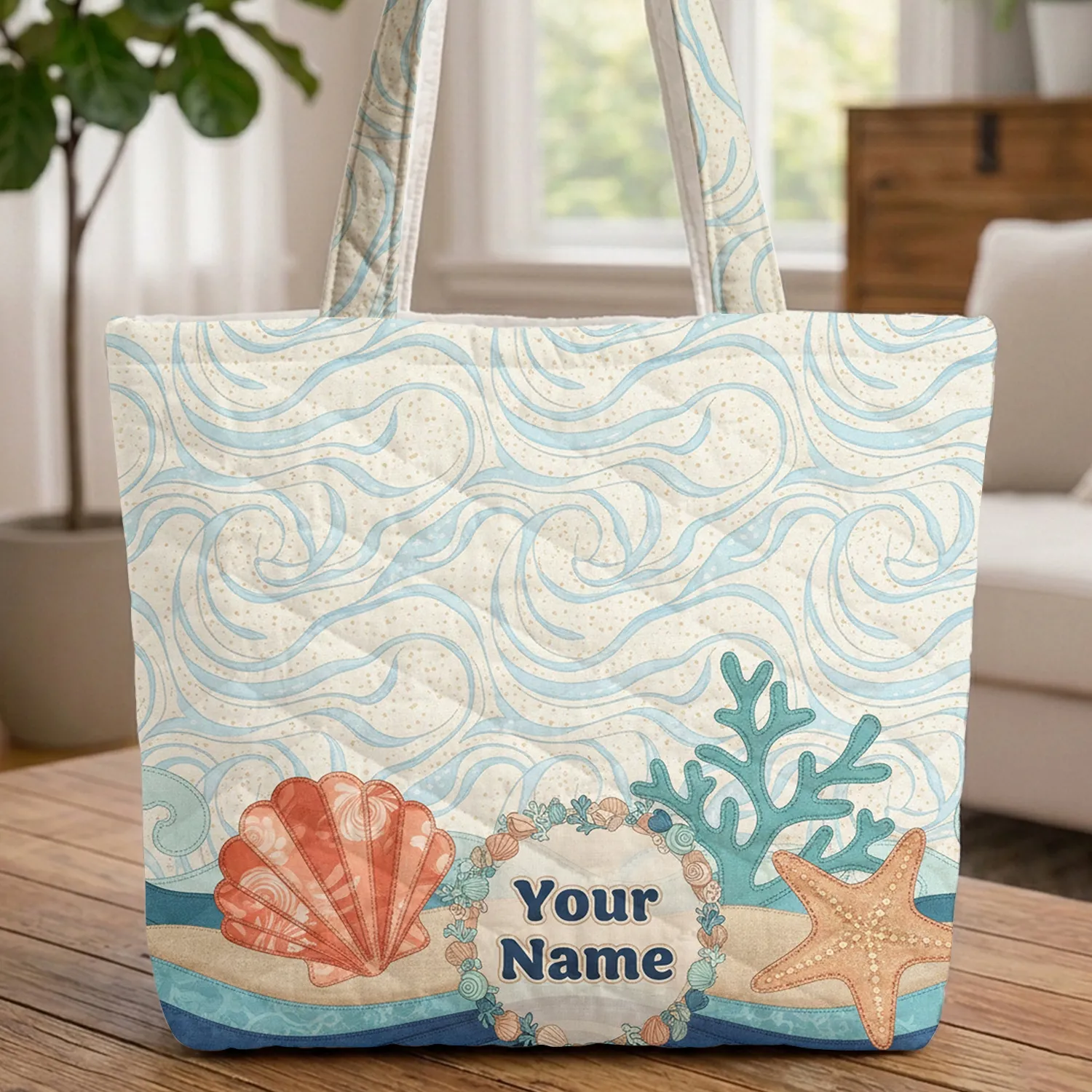 Ocean Waves Conch Starfish Coral Name Wreath Travel Essentials Gift Quilted Tote Bag - 1