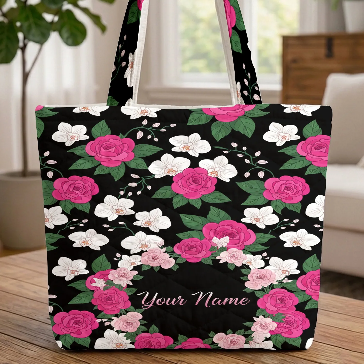 Fuchsia Rose White Orchid Name Custom Floral - Everyday Carry Gift Quilted Tote Bag - 1