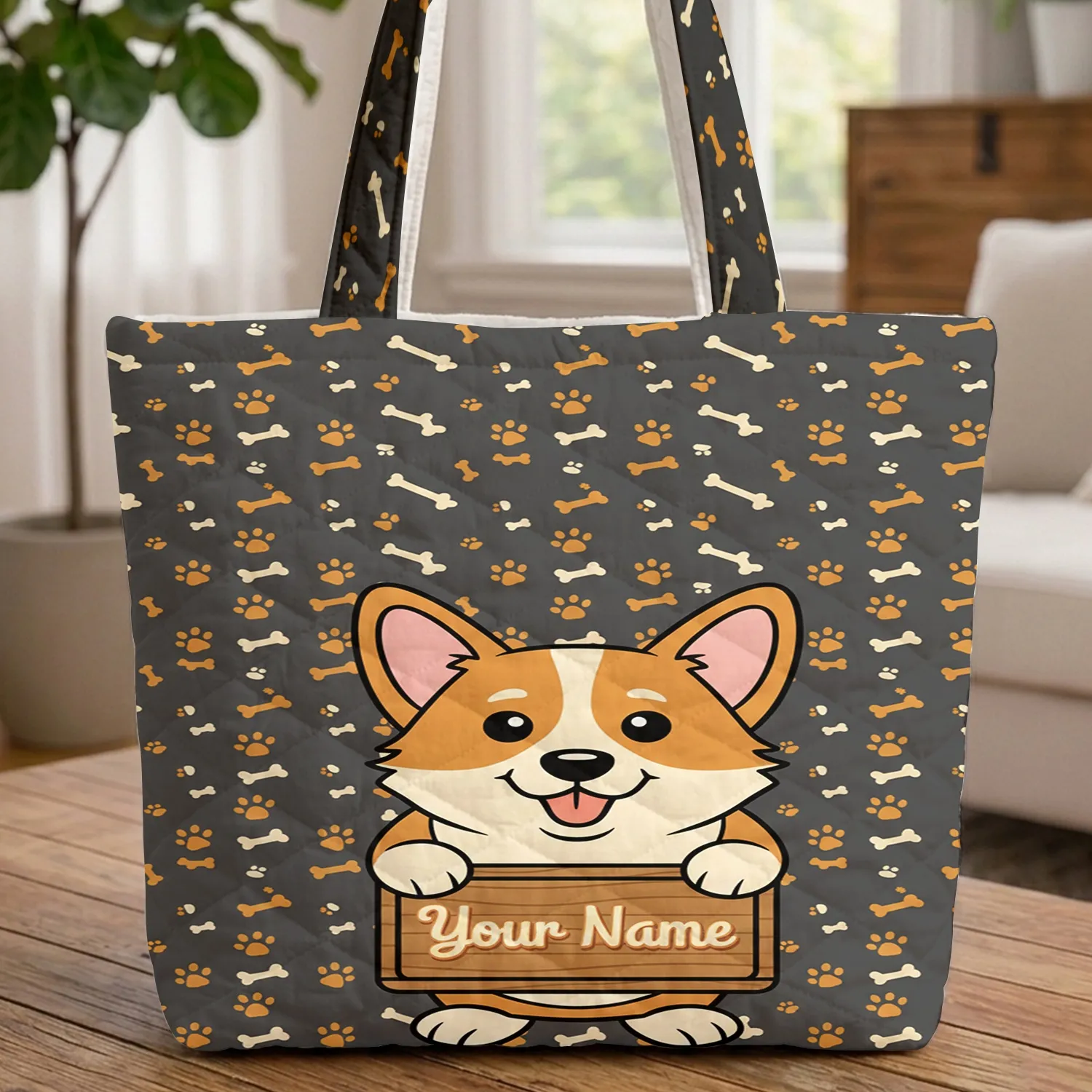 Adorable Playful Corgi Dog Bone Paw Print Wooden Sign - Travel Essentials Everyday Carry Quilted Tote Bag - 1