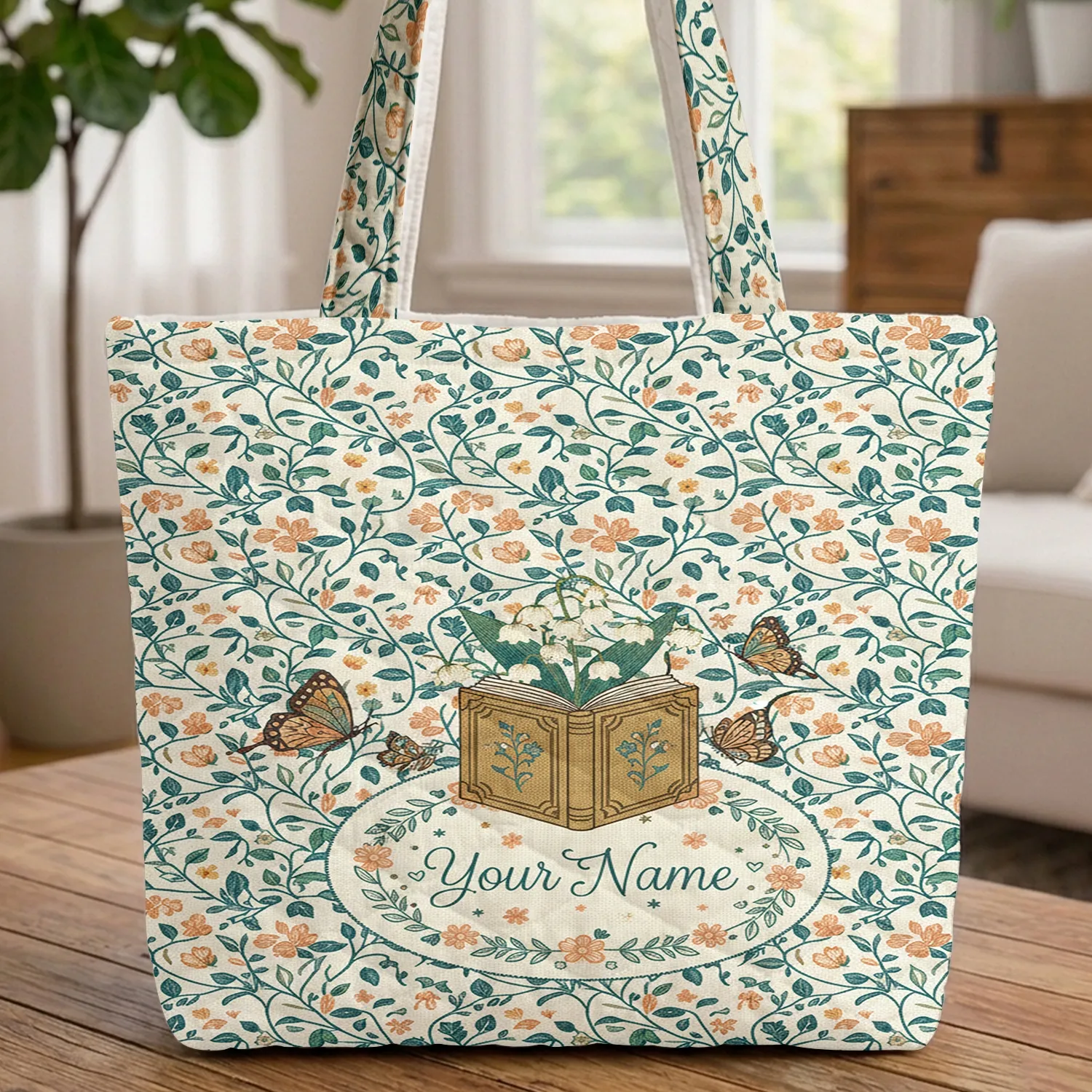 Open Book Lily Valley Butterfly Floral Wreath Everyday Carry Gift Quilted Tote Bag - 1