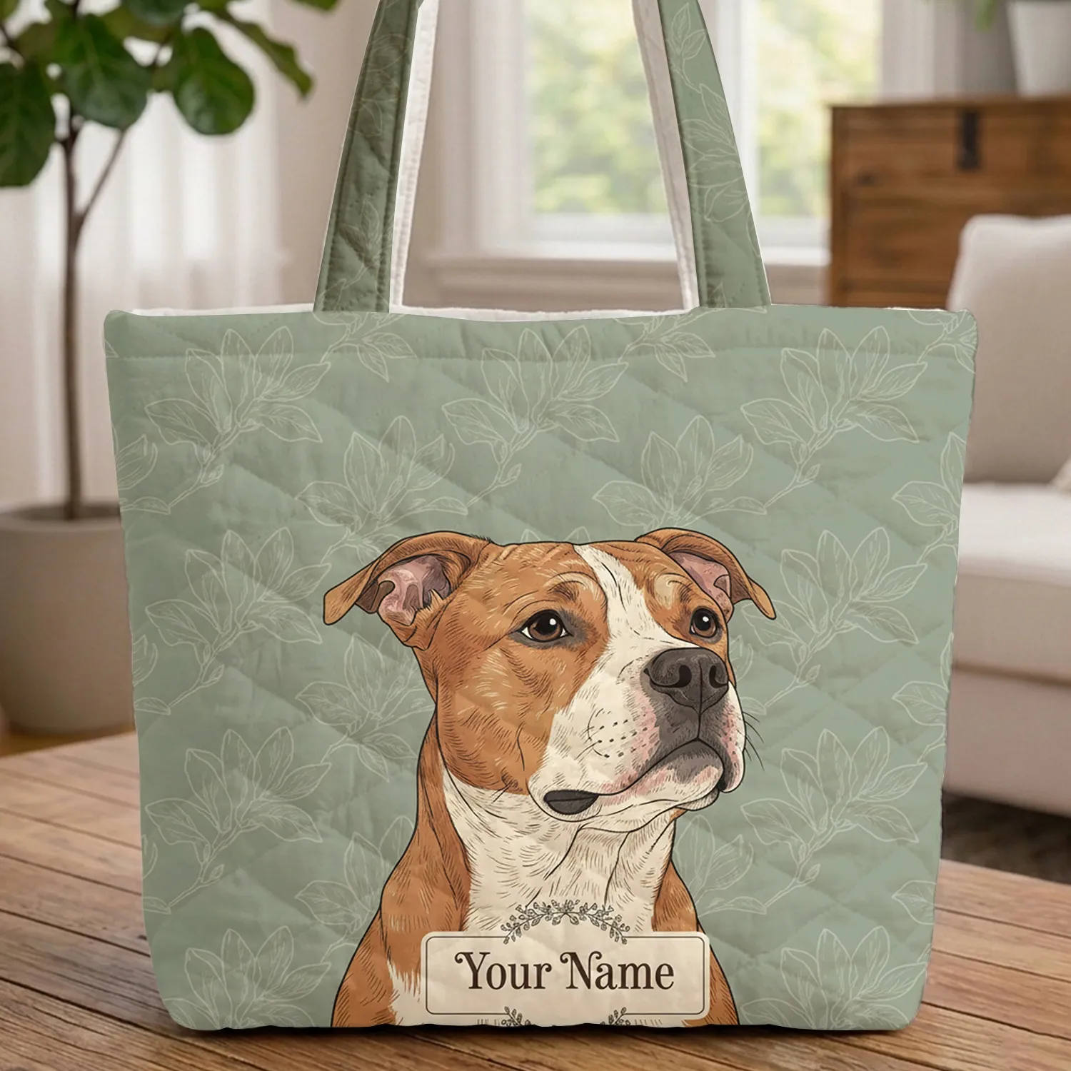 Pitbull Dog Magnolia Floral Wreath - Everyday Carry Gift for Dog Lover Quilted Tote Bag - 1