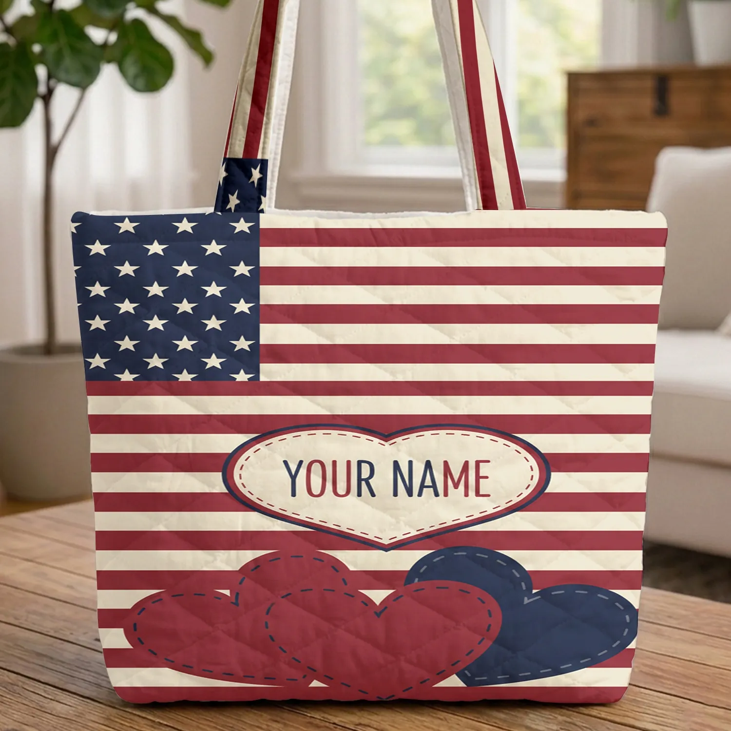 Personalized Name Heart Patriotic Stars Stripes Independence Day Carry Gift Quilted Tote Bag - 1