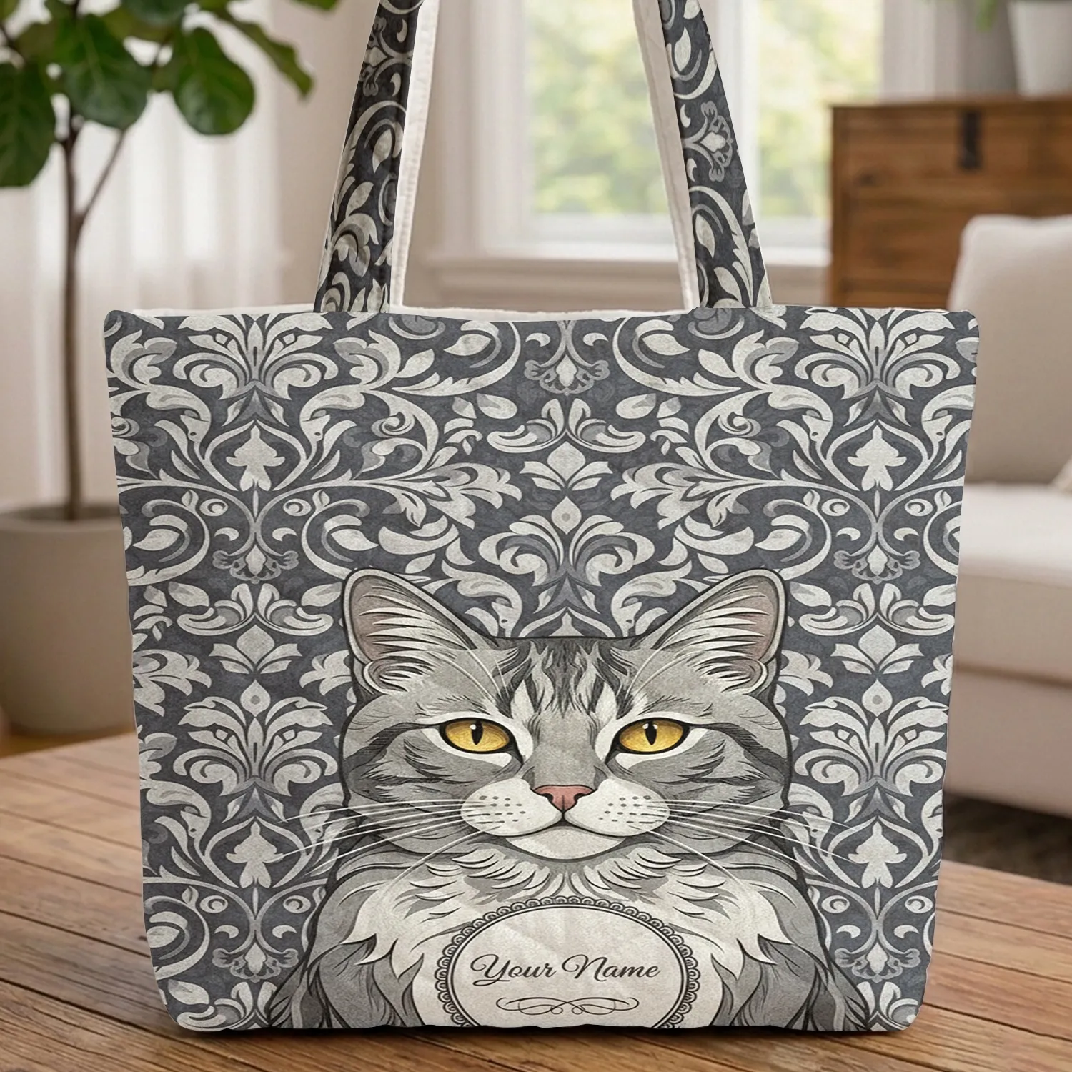 Personalized Majestic Grey Cat Swirling Damask Scrollwork - Cat Lover Everyday Carry Gift Quilted Tote Bag - 1