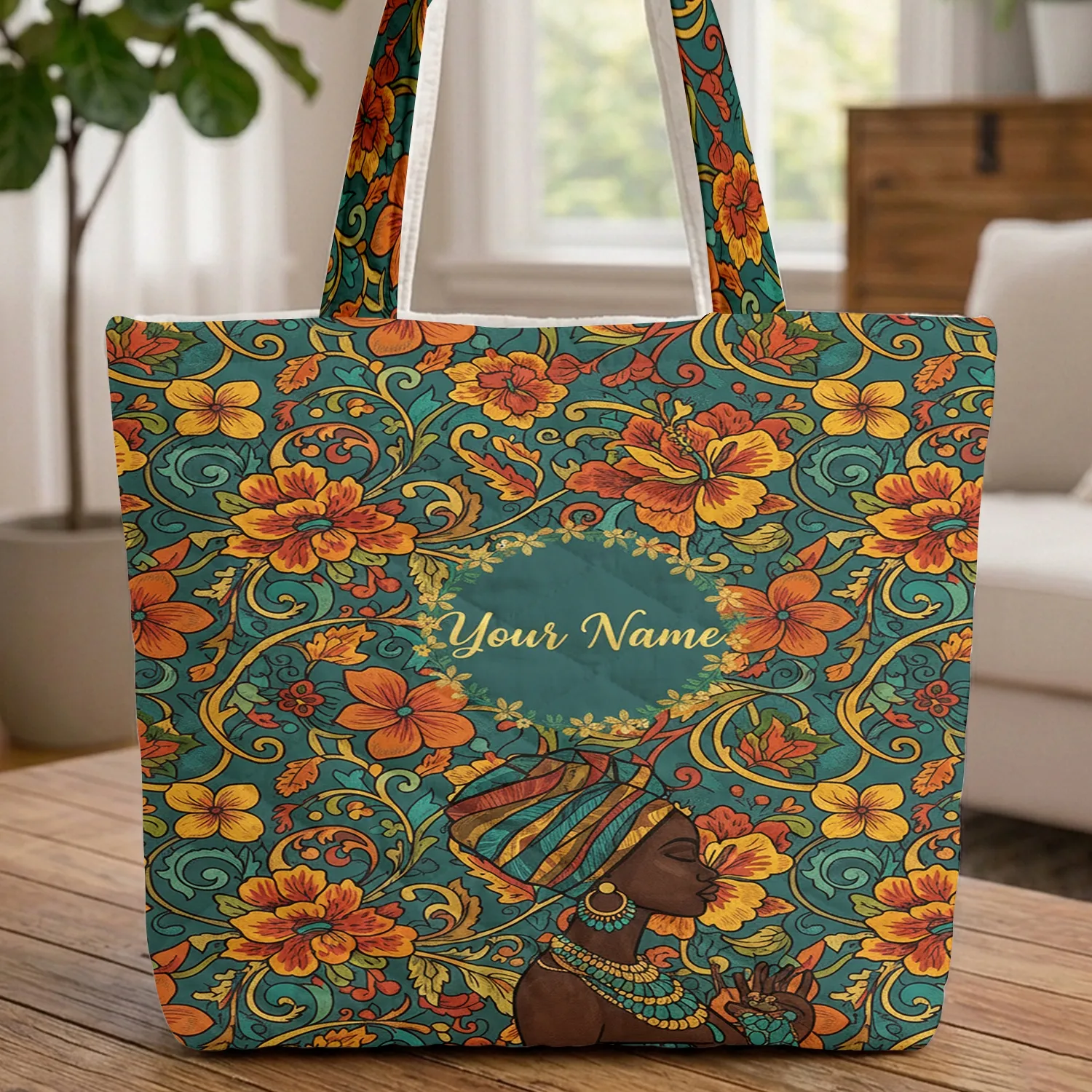 African Woman Headwrap Jewelry Personalized Name Everyday Carry Gift for Her Quilted Tote Bag - 1