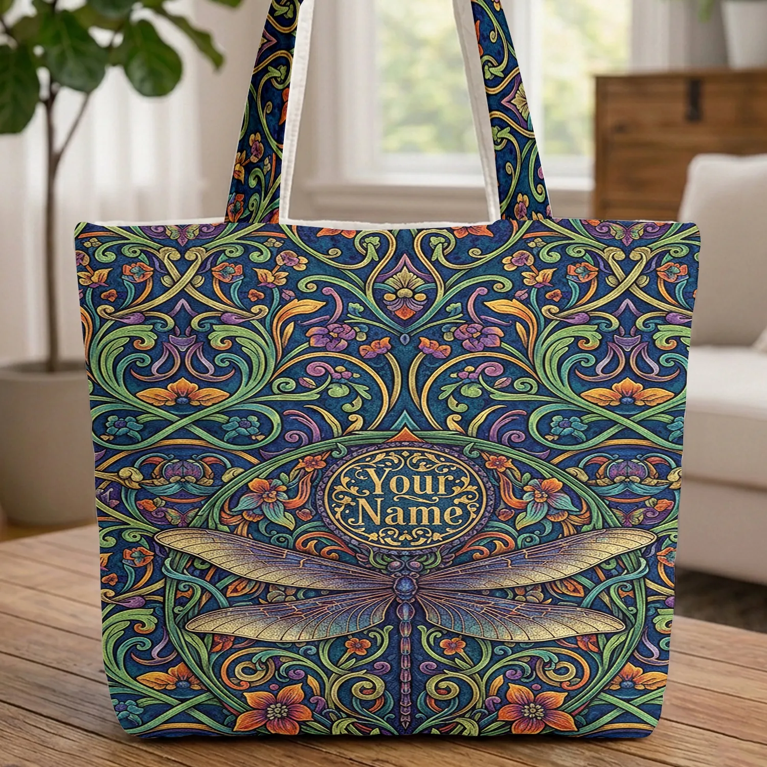 Ornate Dragonfly Botanical Vines Leaves Flowers Butterflies - Everyday Carry Gift Quilted Tote Bag - 1