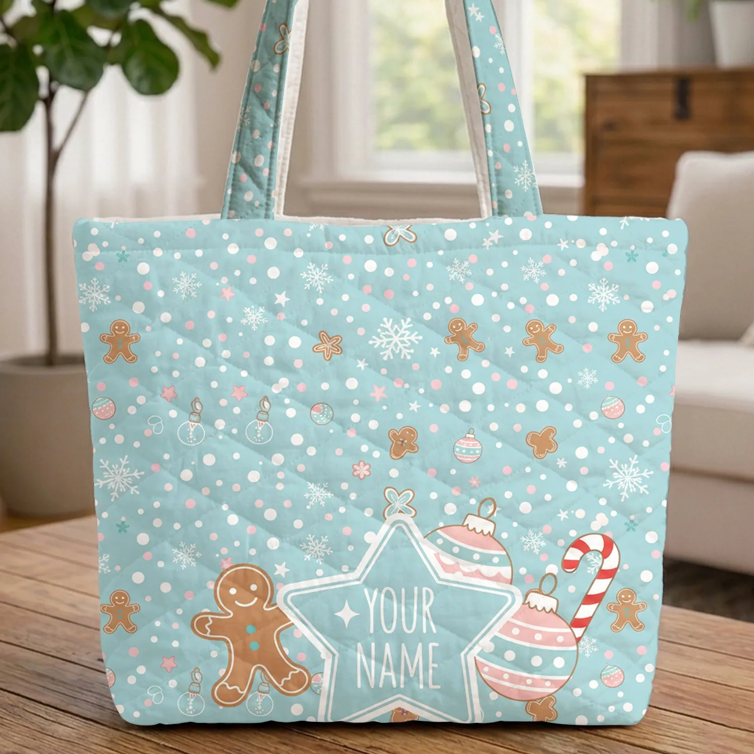 Gingerbread Man Ornament Candy Cane Snowflakes Christmas Everyday Carry Gift Quilted Tote Bag - 1
