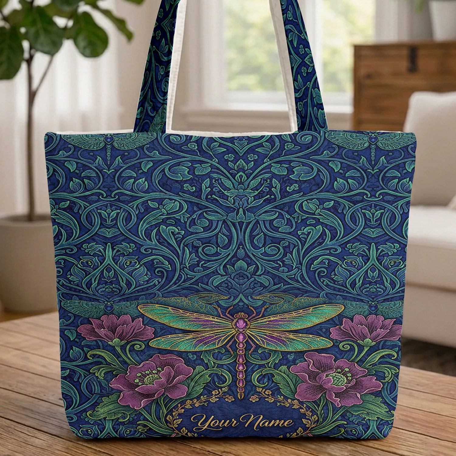 Jewel Dragonfly Moths Swirling Vines Floral Personalized - Everyday Carry Gift for Her Quilted Tote Bag - 1