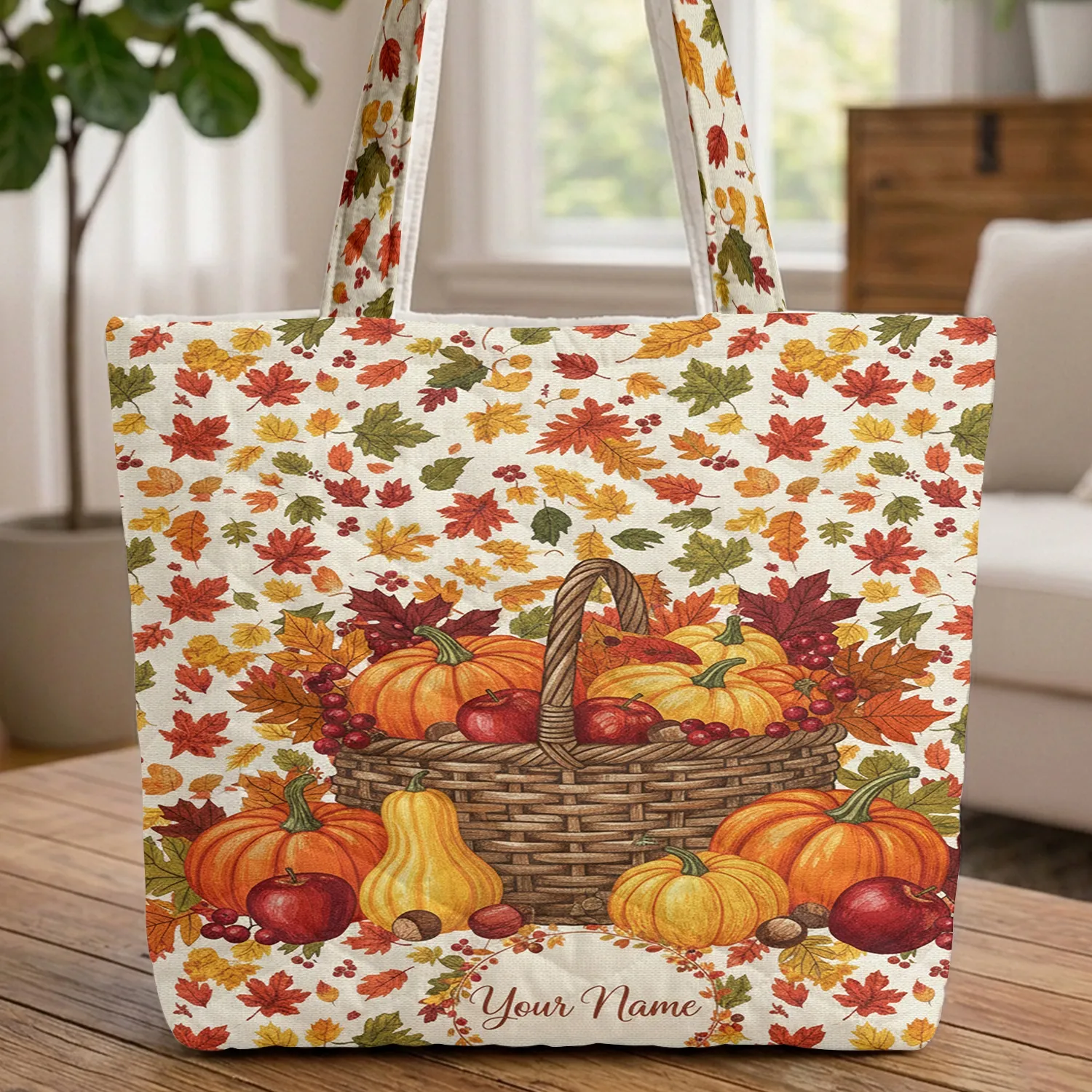 Autumn Harvest Pumpkins Gourds Leaf Garland Wreath - Market Day Carry Gift Quilted Tote Bag - 1