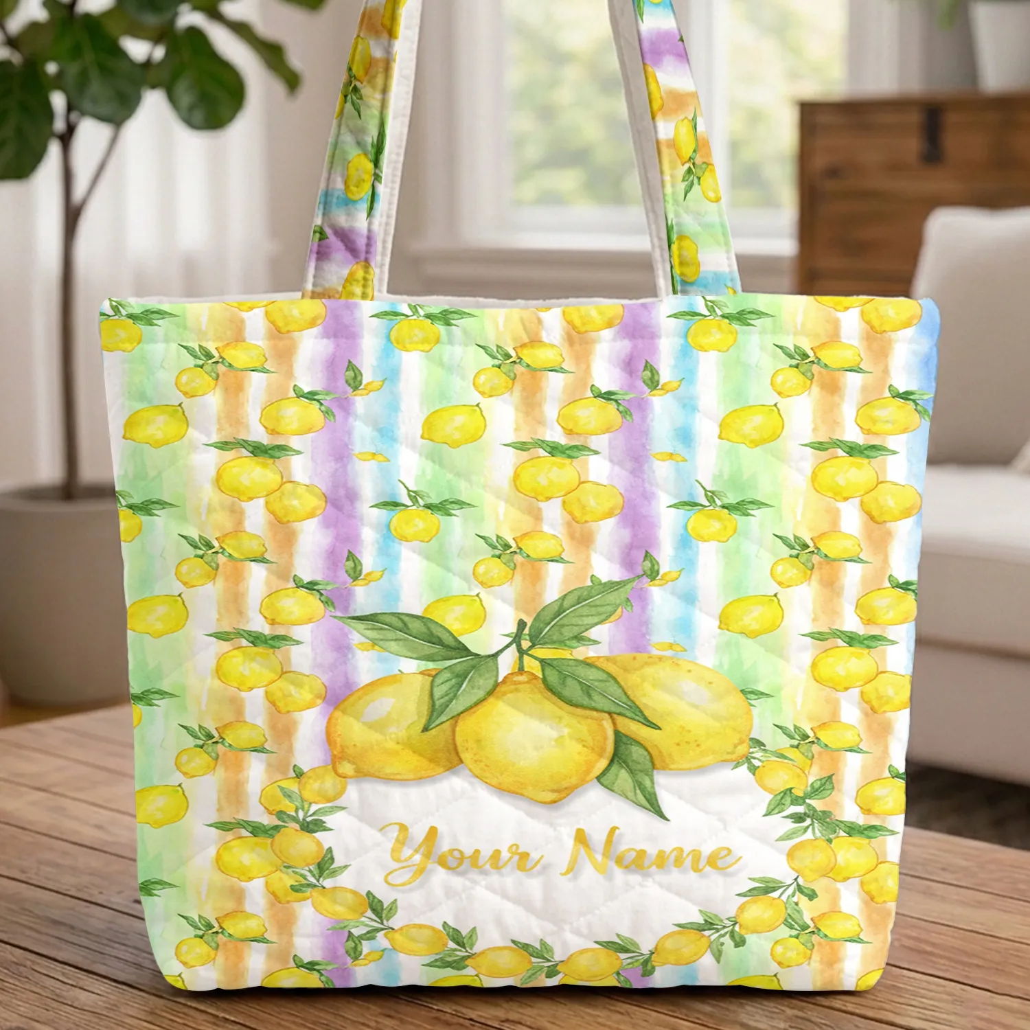 Lemon Leaves Custom Name Garland Rainbow Stripes - Everyday Carry Travel Essentials Quilted Tote Bag - 1