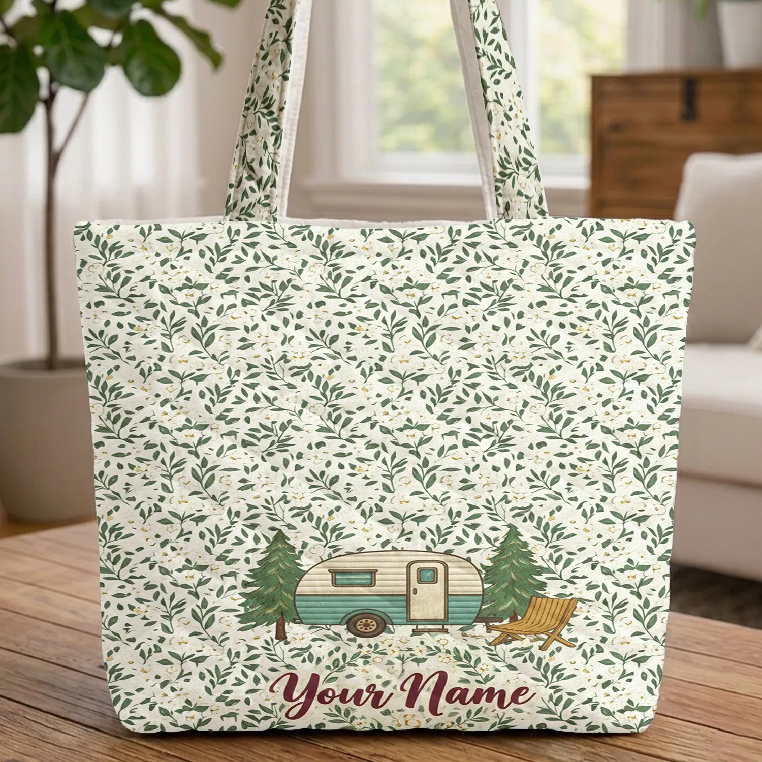 Travel Trailer Pine Trees Camp Chair Wildflower Wreath - Travel Essentials Quilted Tote Bag - 1