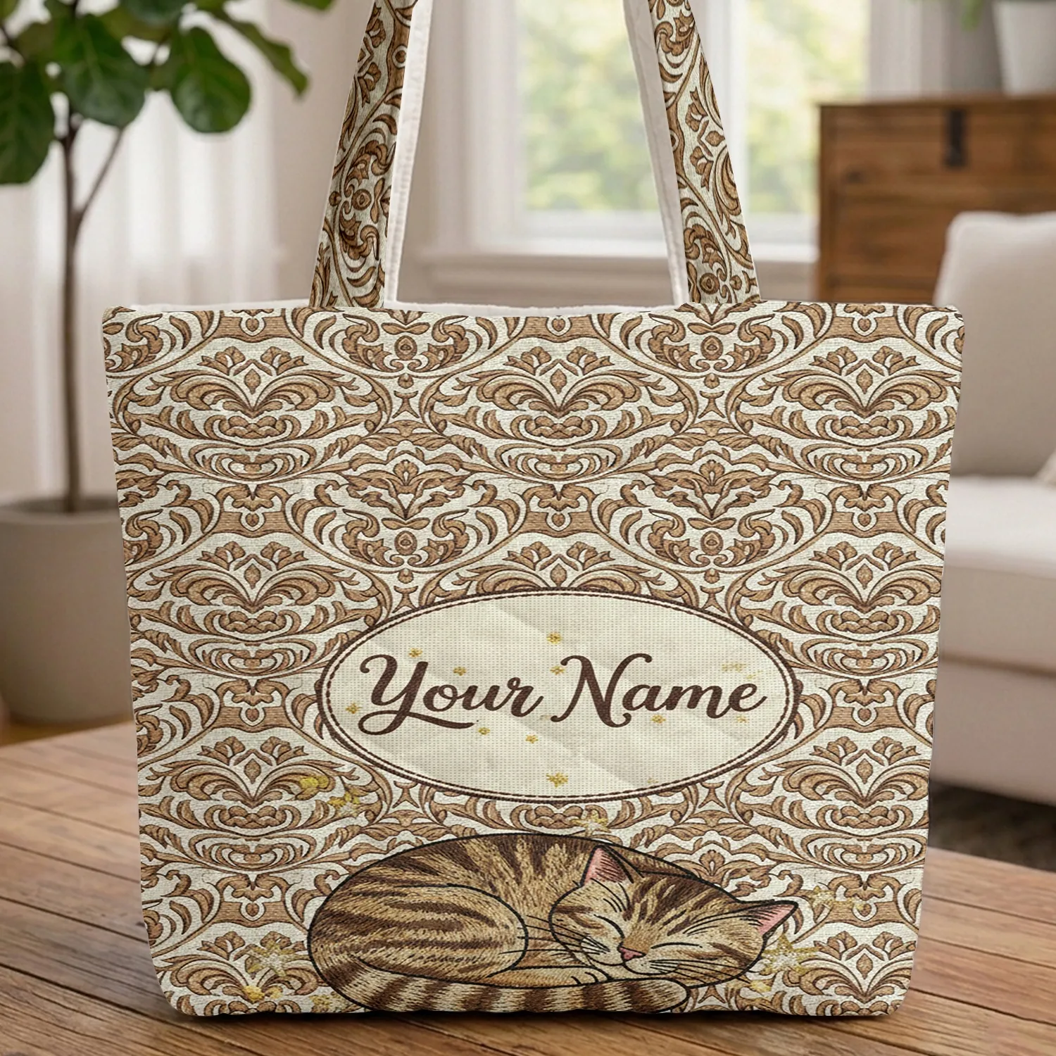 Sleeping Tabby Cat Ornate Floral Scattered Stars - Everyday Carry Cat Lover Gift Quilted Tote Bag - 1